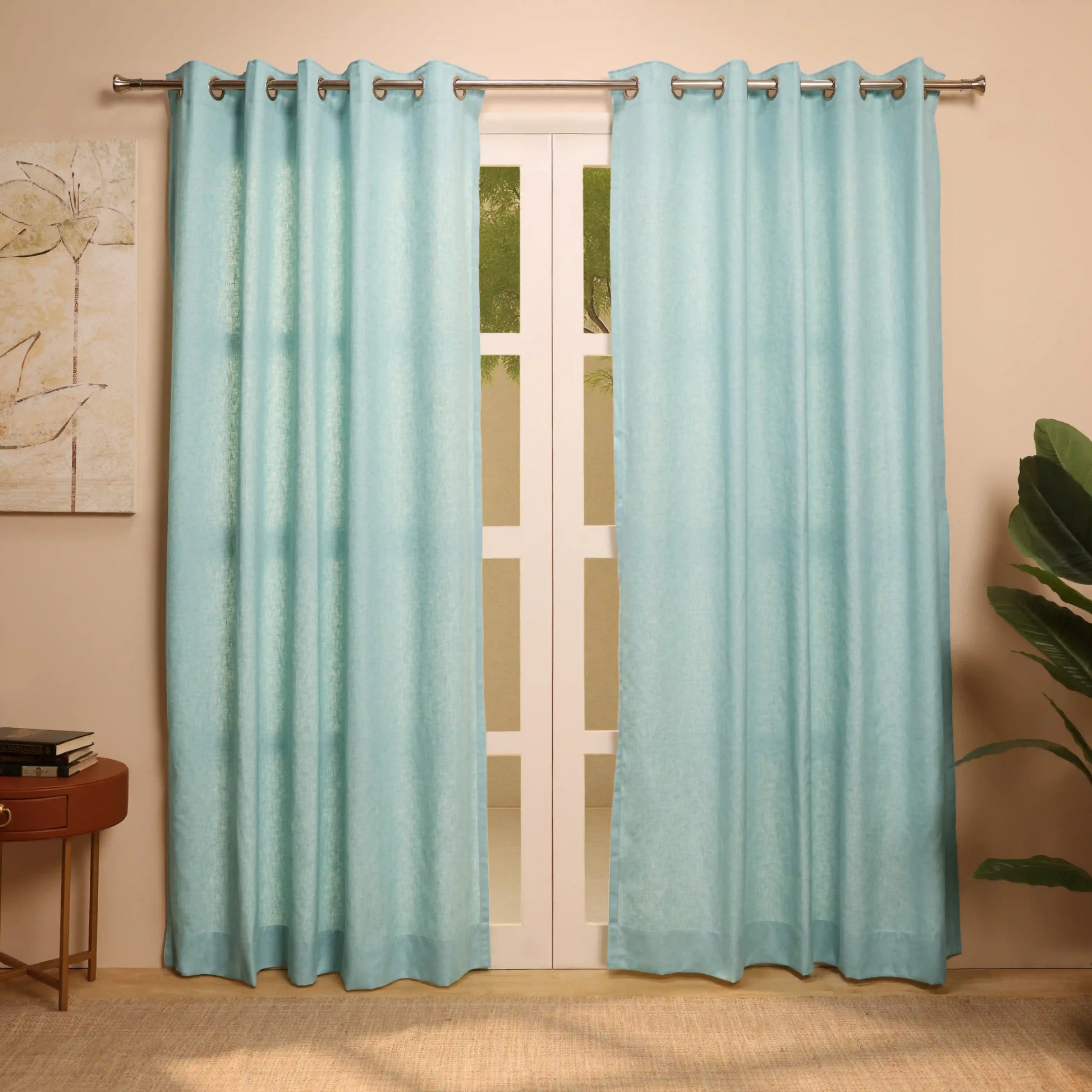 Paleto Set Of 2 Solid Readymade Curtains | Monsoon Hues Coastal Dew / Door (7ft X 4.4ft)
