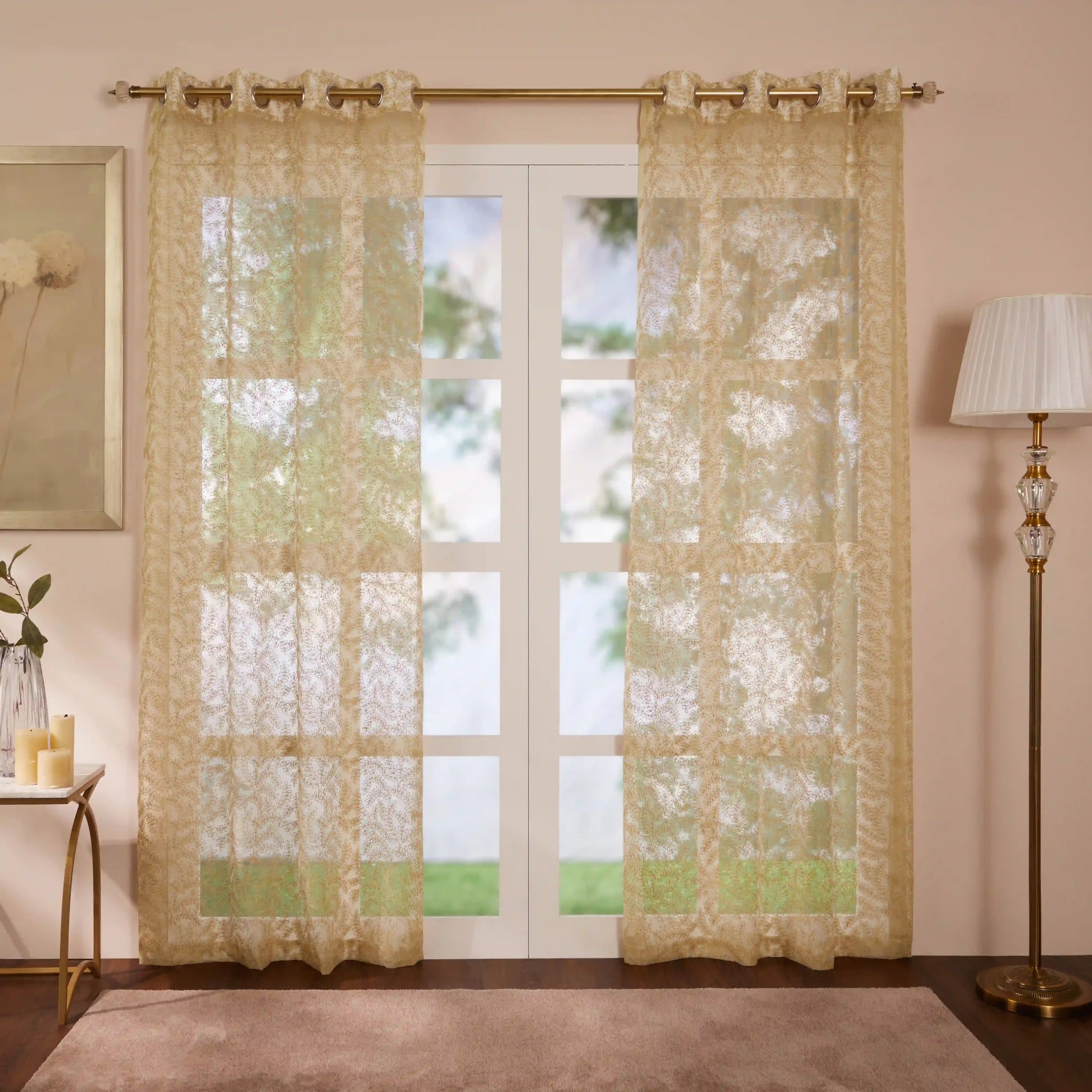 Velina Set Of 2 Embroidered Sheer Readymade Curtains | Urban Forest Golden Sand / Door (3.60ft X 7.22ft)