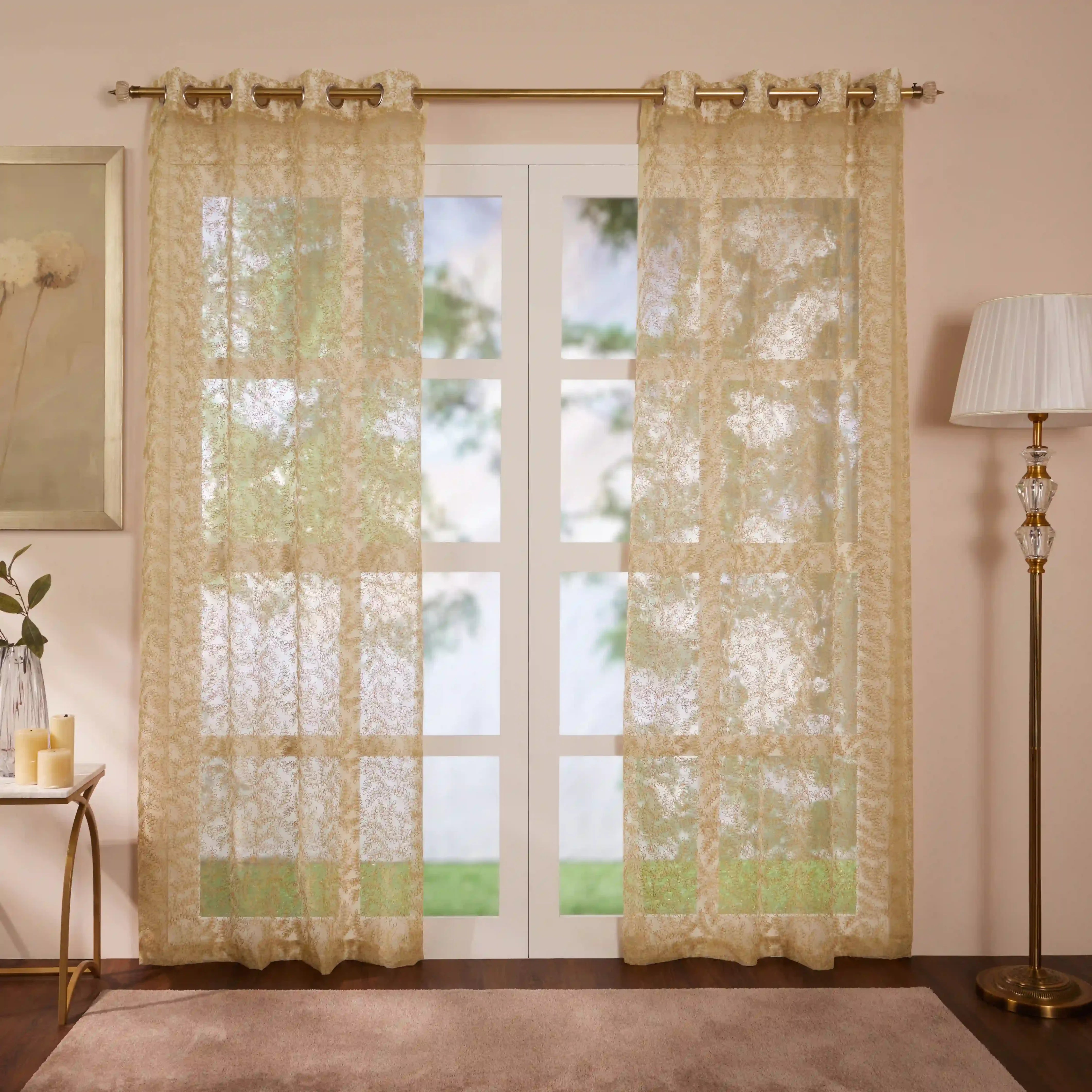 Velina Set Of 2 Embroidered Sheer Readymade Curtains | Urban Forest Golden Sand / Door (3.60ft X 7.22ft)