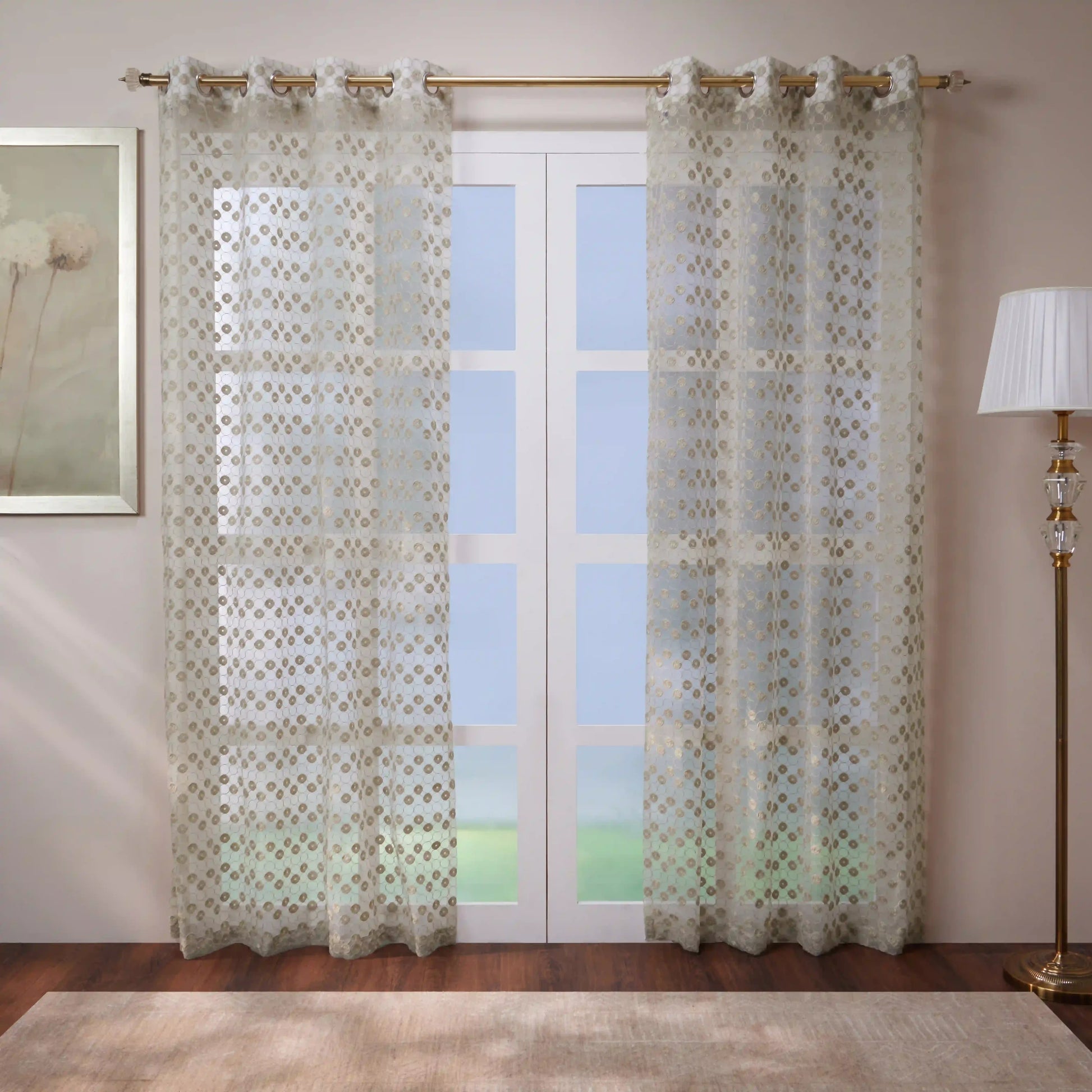 Velina Set Of 2 Embroidered Sheer Readymade Curtains | Beyond Circles Toasted Mushroom / Door (3.60ft X 7.22ft)