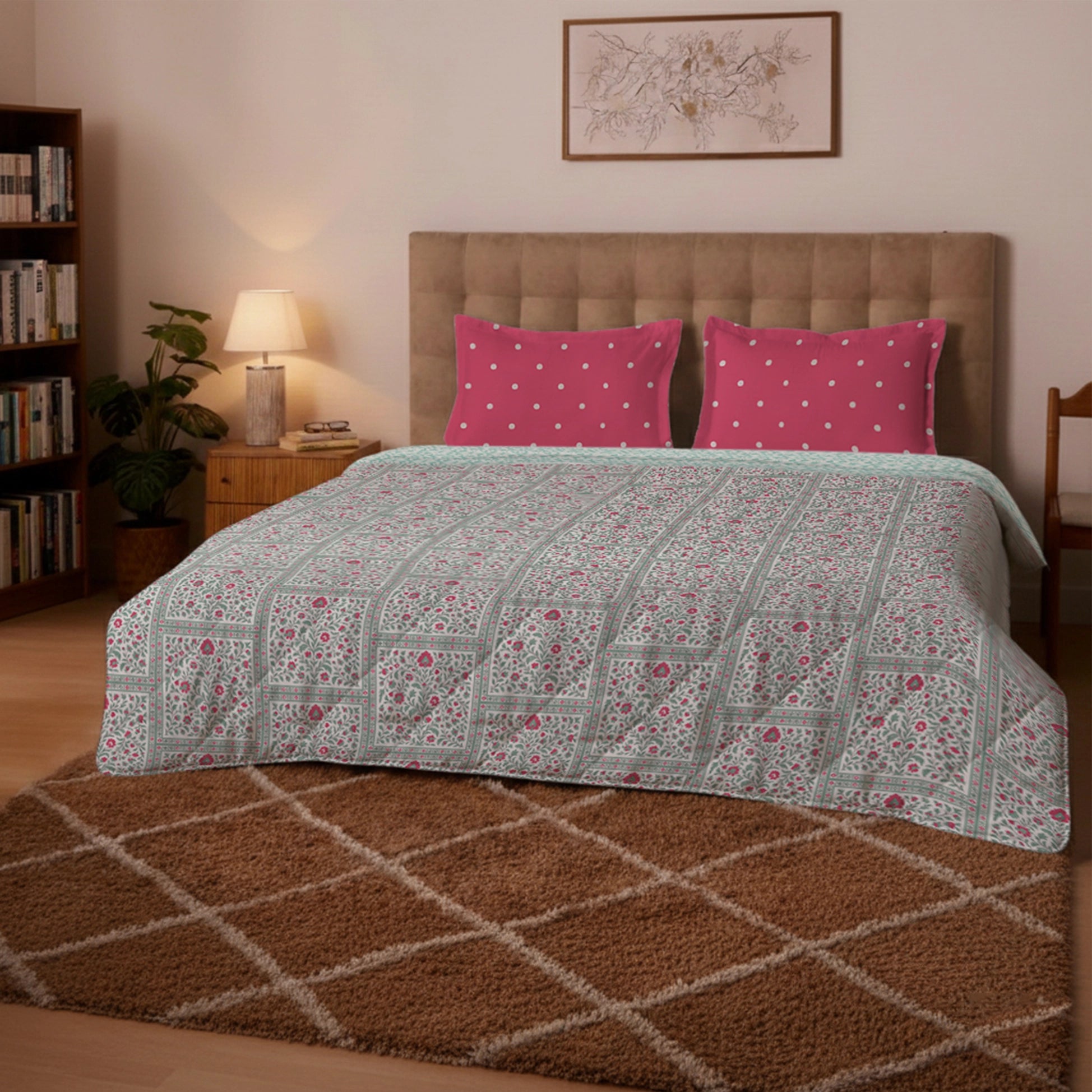 Aangan Weaves | Ethnic Printed 150 GSM Reversible Comforter - Indian Pink Indian Pink / Queen