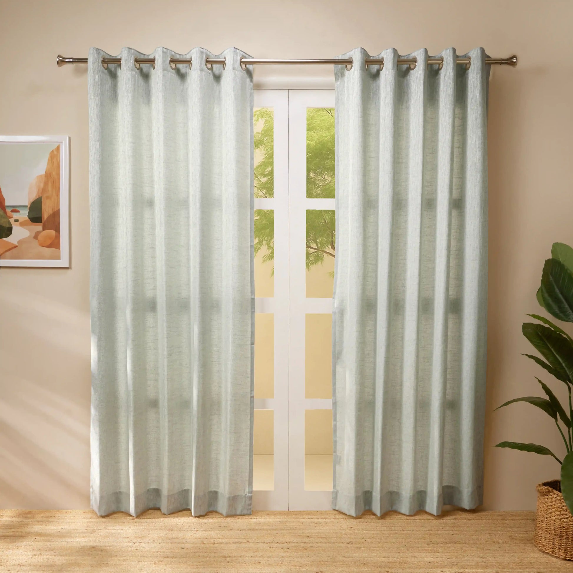 De Jacquard - Classic Set Of 2 Jacquard Readymade Curtains | Woodland Dreams Mint Lagoon / Door (7ft X 4.4ft)