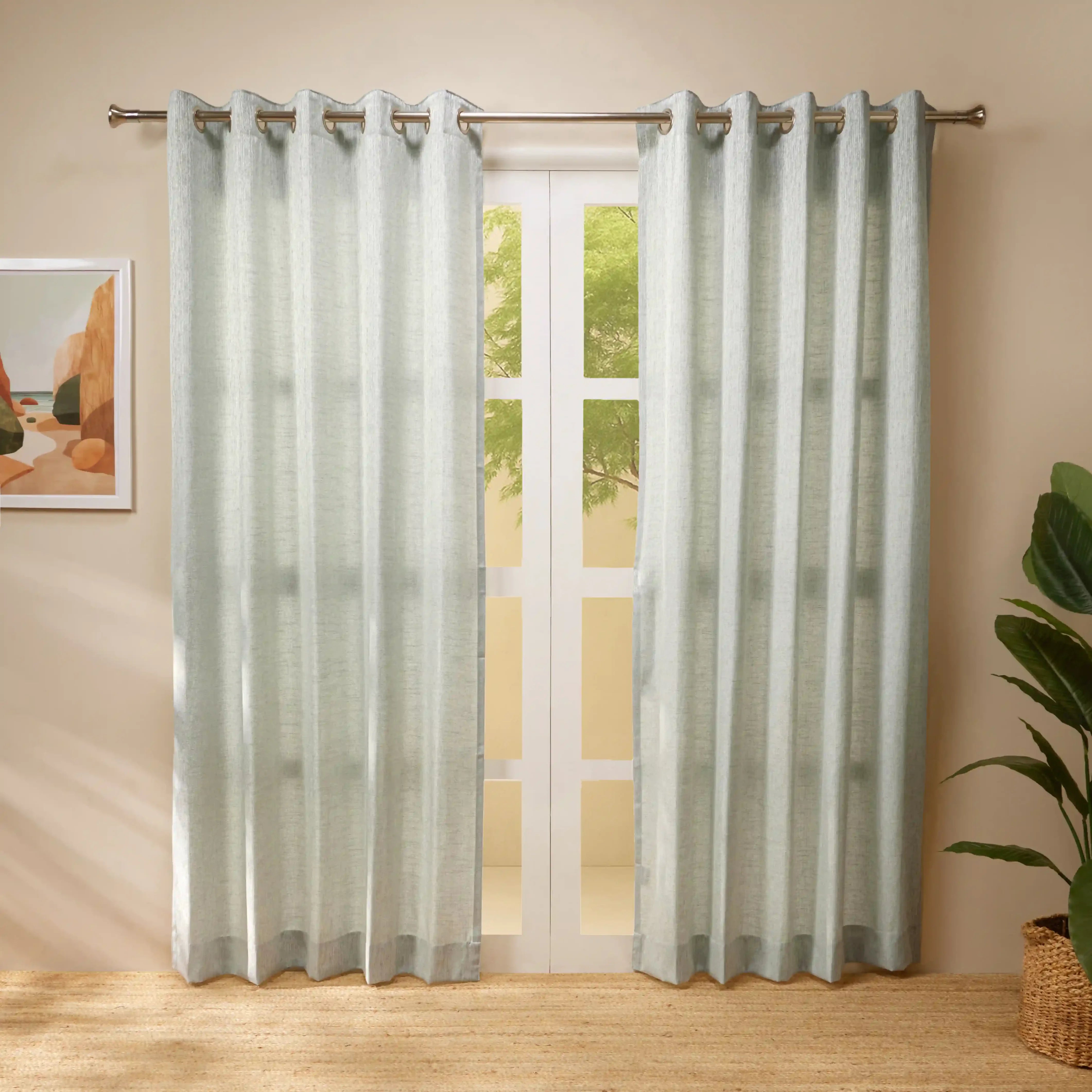 De Jacquard - Classic Set Of 2 Jacquard Readymade Curtains | Woodland Dreams Mint Lagoon / Door (7ft X 4.4ft)
