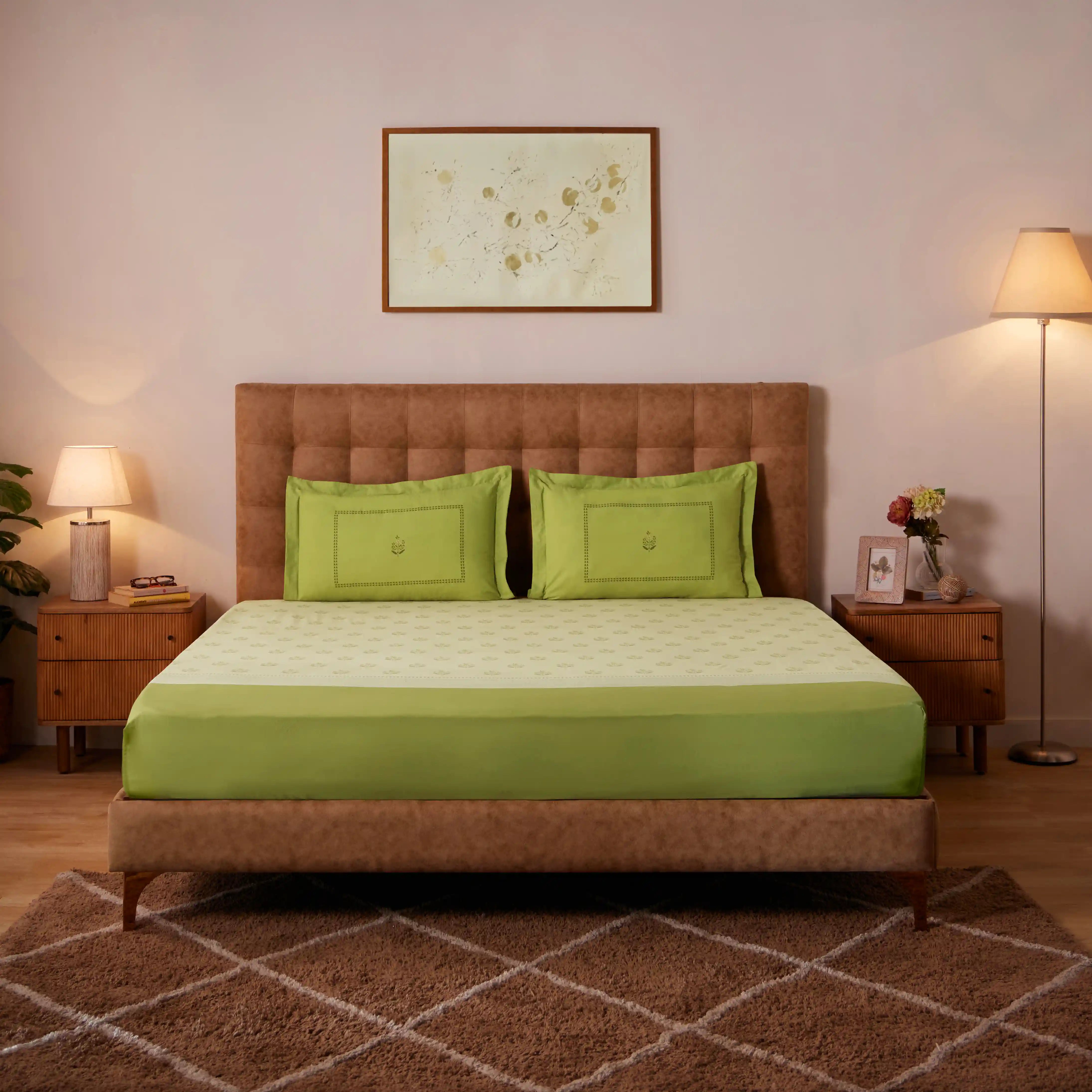 Chippa Lane | Contemporary Indian Print Design Cotton Bedsheet Set-Indian Moss Indian Moss / Double