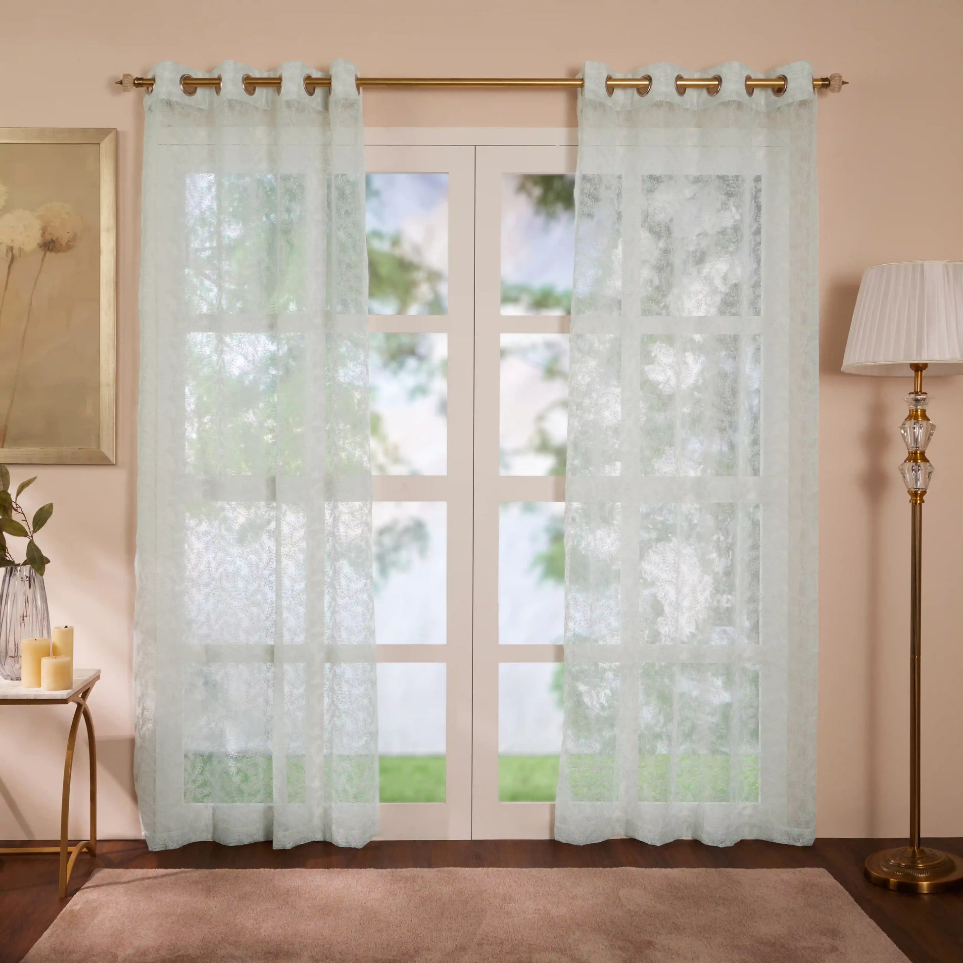 Velina Set Of 2 Embroidered Sheer Readymade Curtains | Urban Forest Soft Sky / Door (3.60ft X 7.22ft)