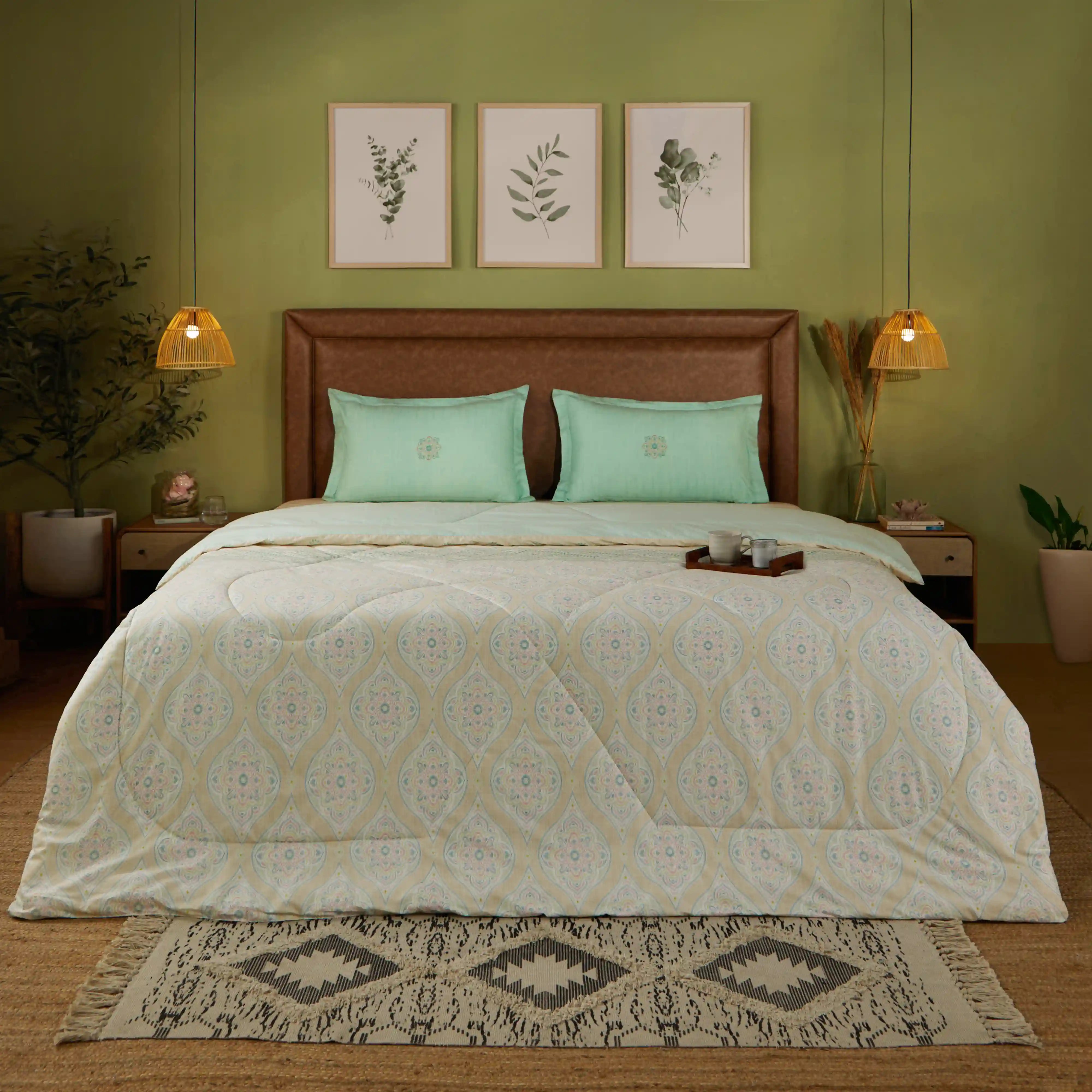 Chippa Lane | Contemporary Indian Print Design Coordinated Bedding Set | Set of Bedsheet & Comforter Sage / Double