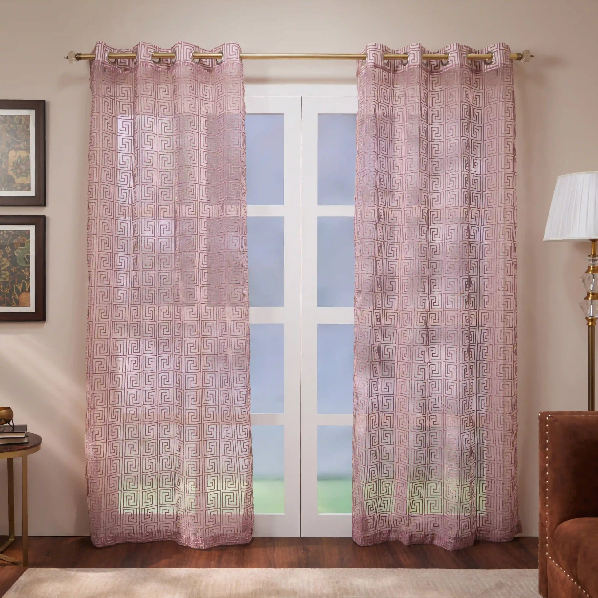 Velina Set Of 2 Embroidered Sheer Readymade Curtains | Modern Maze Mauve / Door (3.60ft X 7.22ft)