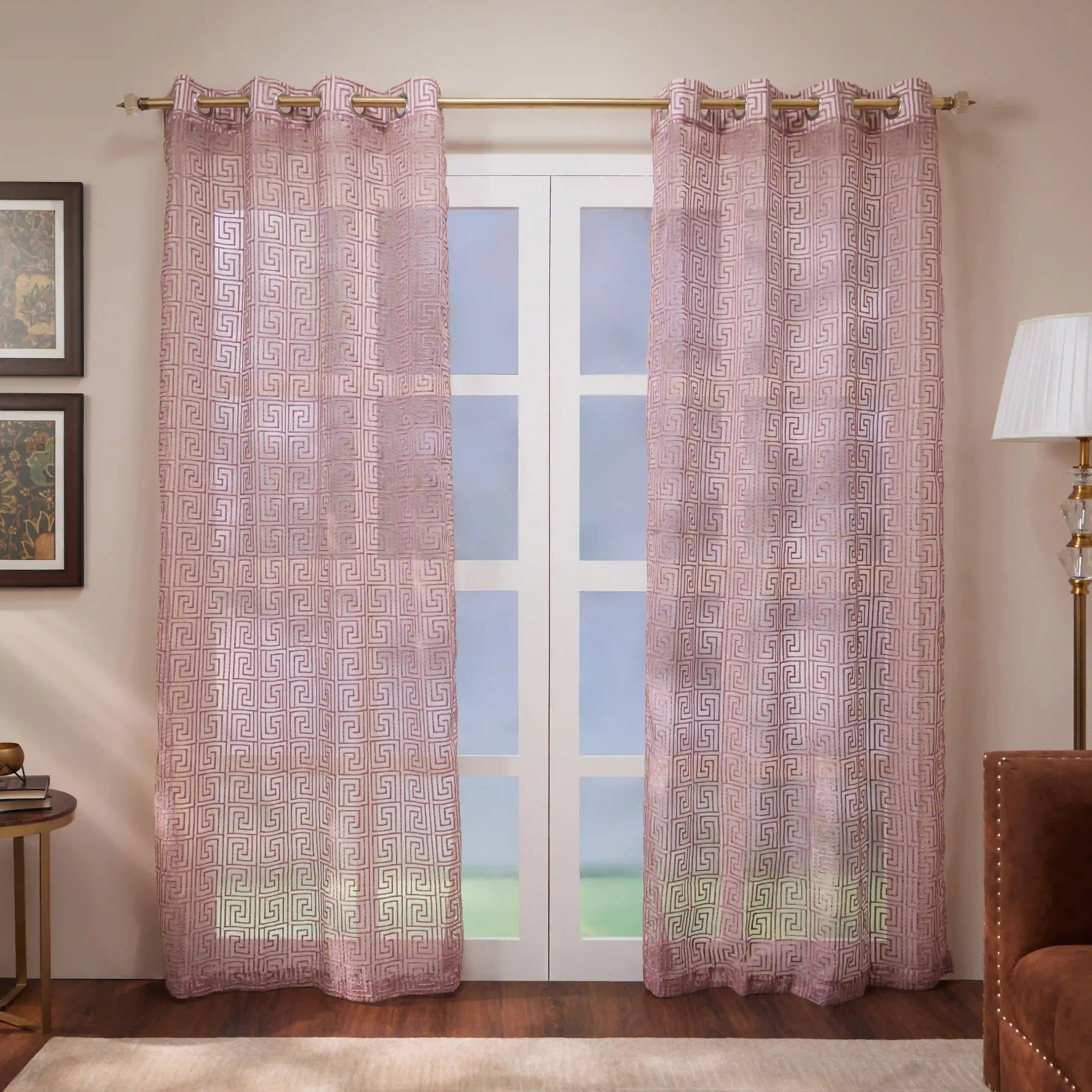 Velina Set Of 2 Embroidered Sheer Readymade Curtains | Modern Maze Mauve / Door (3.60ft X 7.22ft)