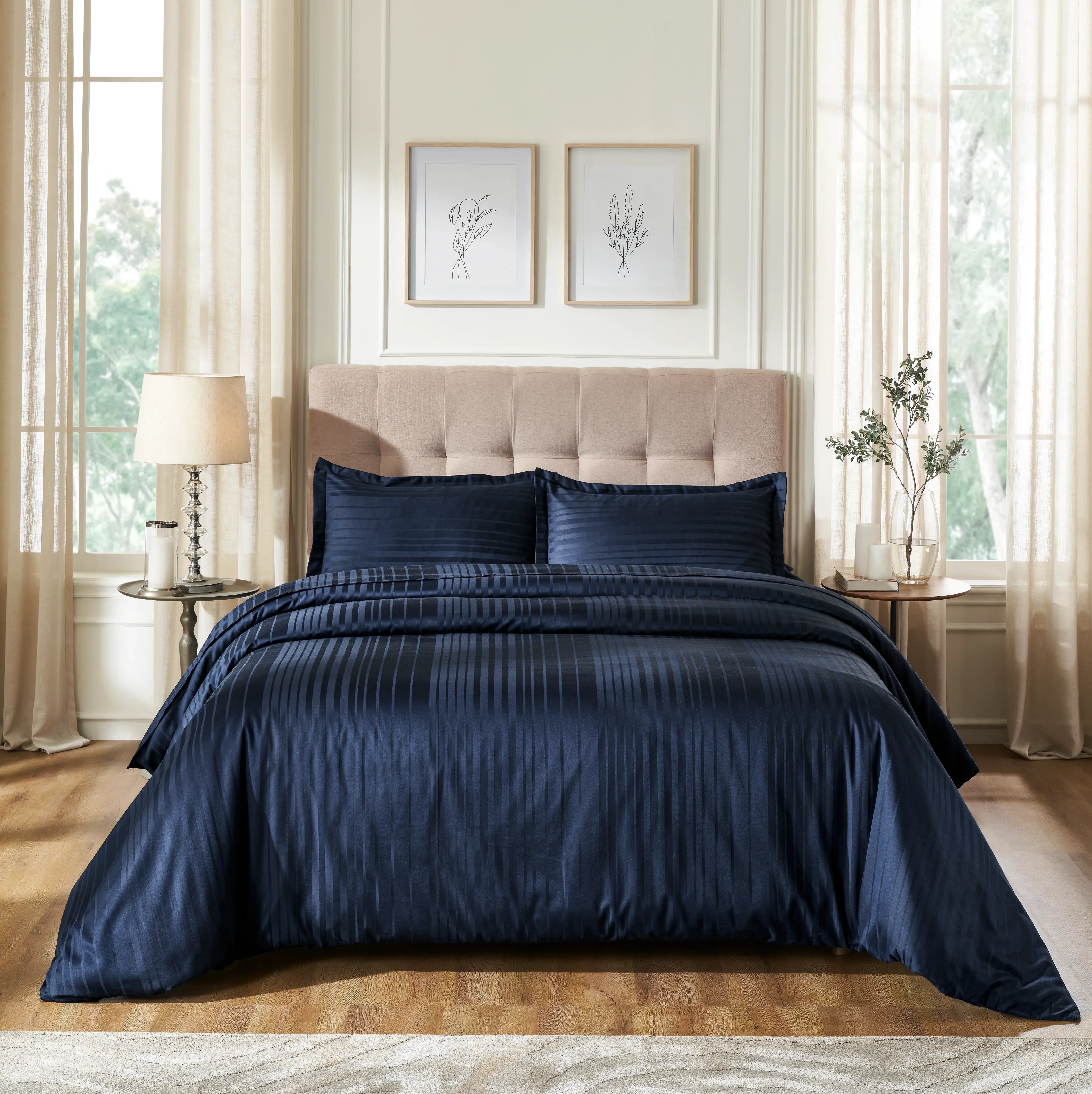 Seraya | 400TC Varigated Stripes Super Soft Fitted Sheet Set Navy / King