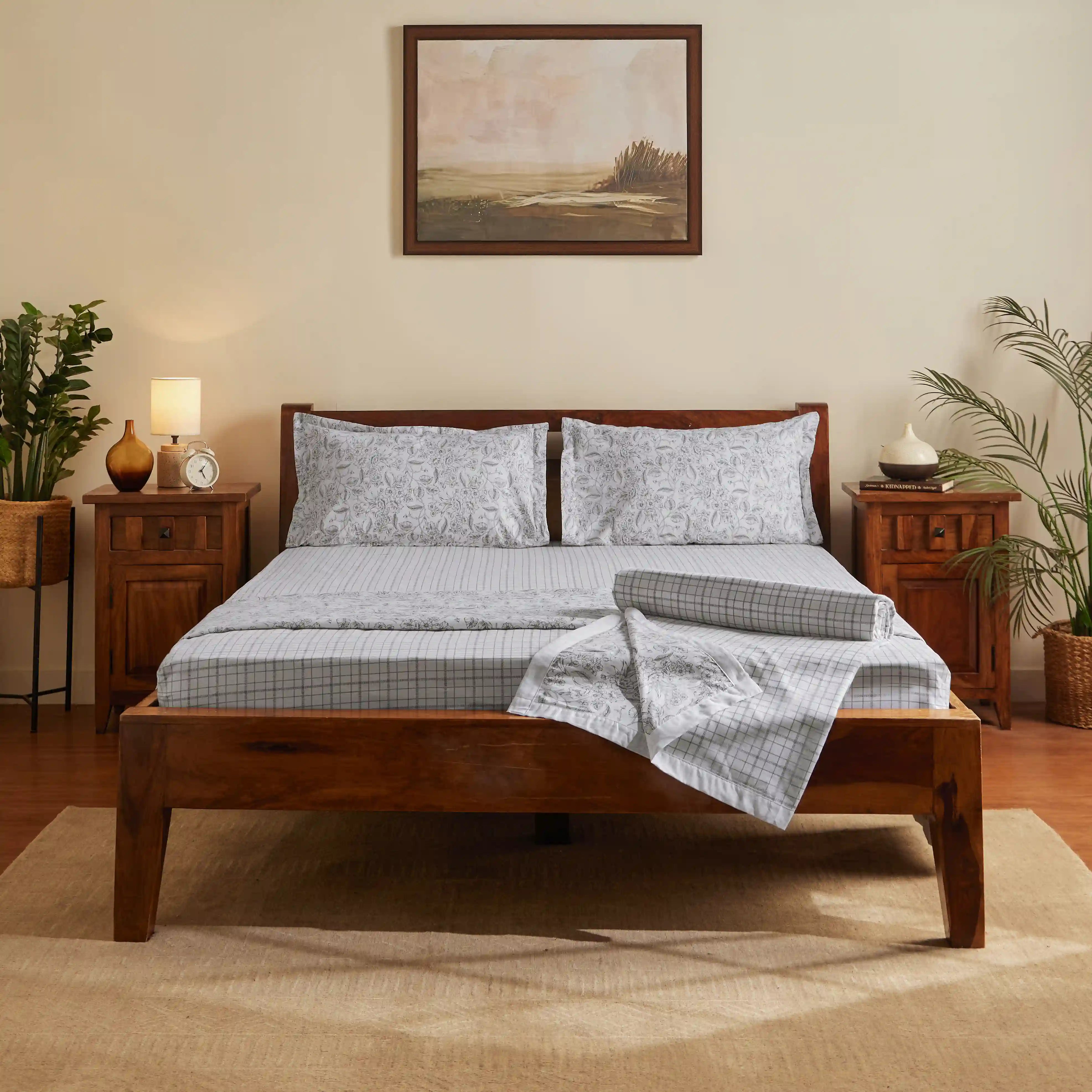 Mishella Printed Charcoal Checks Bedding Set-2 (Dbl Bedsheet + 2 Sgl Dohar) Charcoal Checks / Double