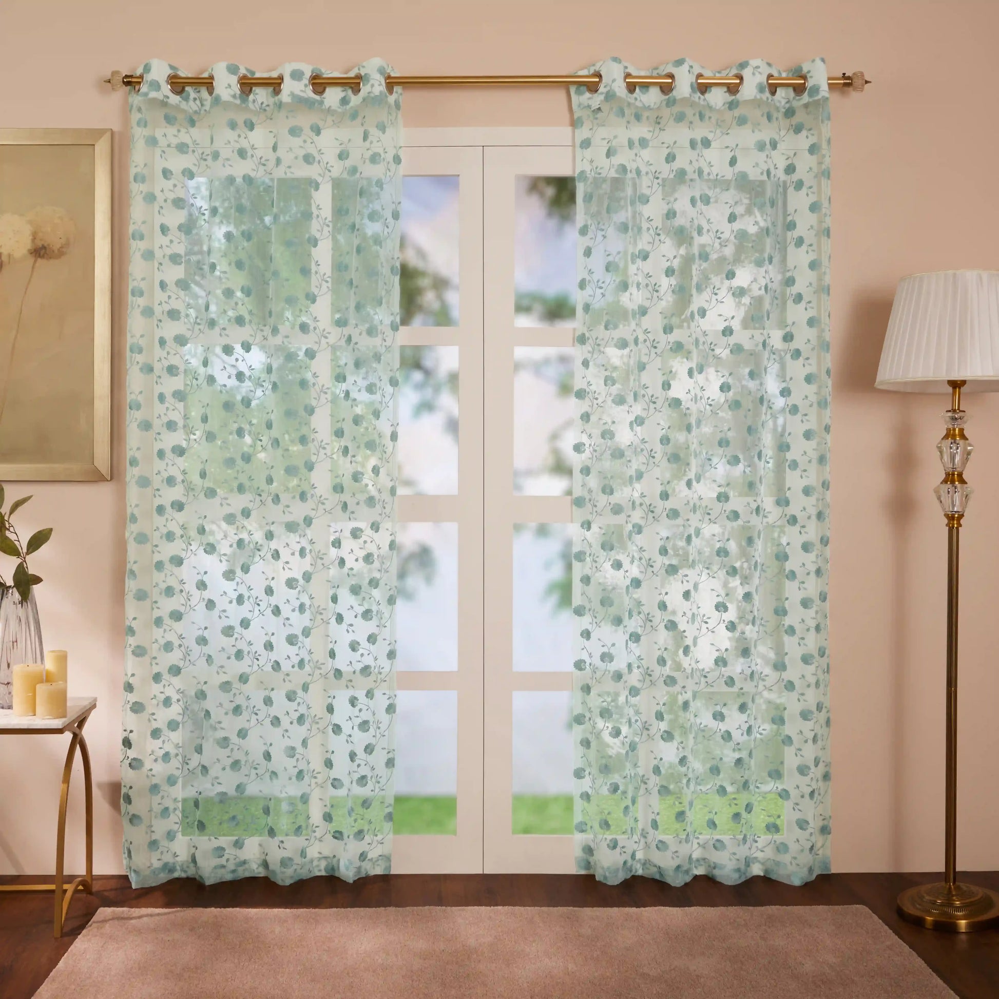 Velina Set Of 2 Embroidered Sheer Readymade Curtains | Vintage Chintz Emerald Teal / Door (3.60ft X 7.22ft)