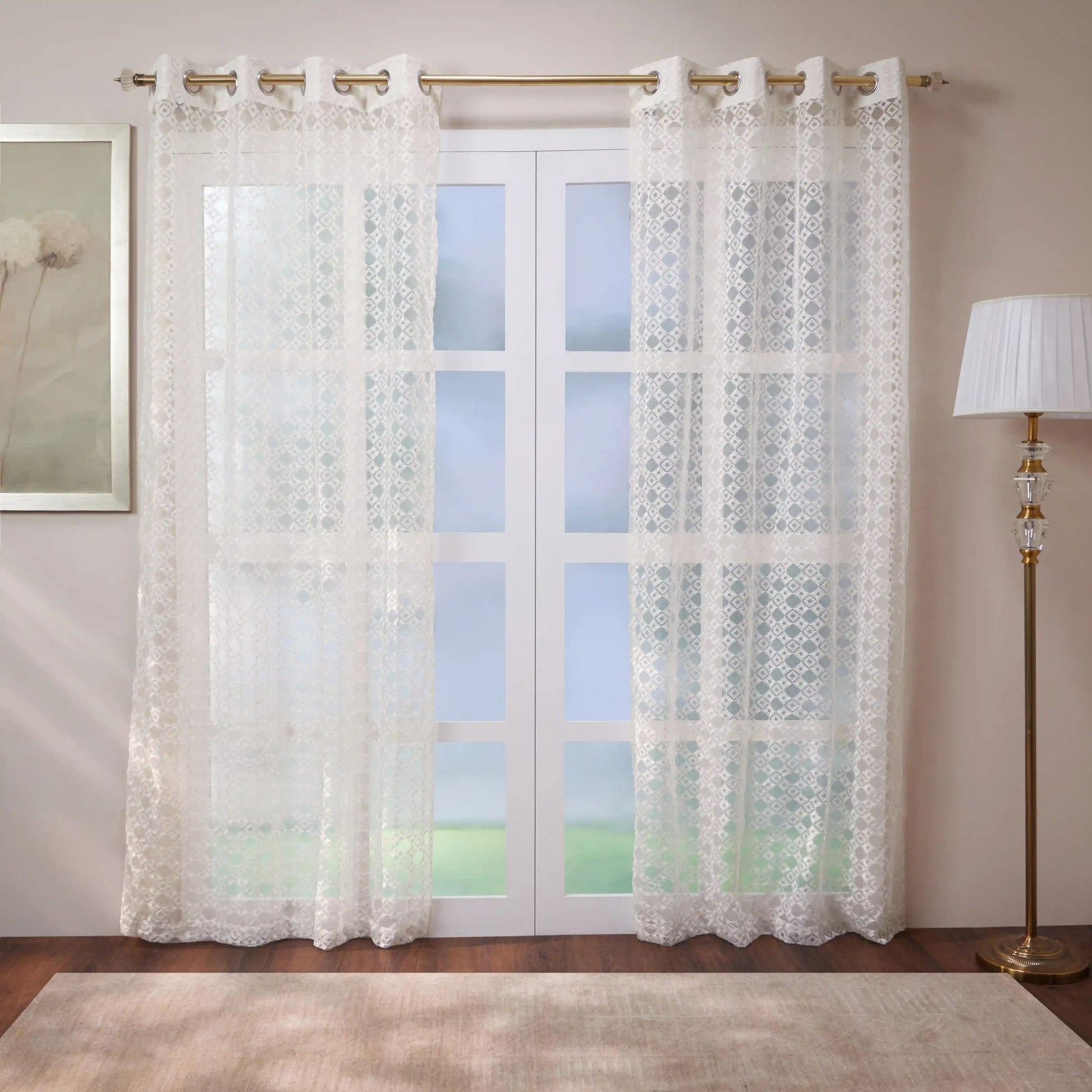 Velina Set Of 2 Embroidered Sheer Readymade Curtains | Modern Heritage Moonlight White / Door (3.60ft X 7.22ft)