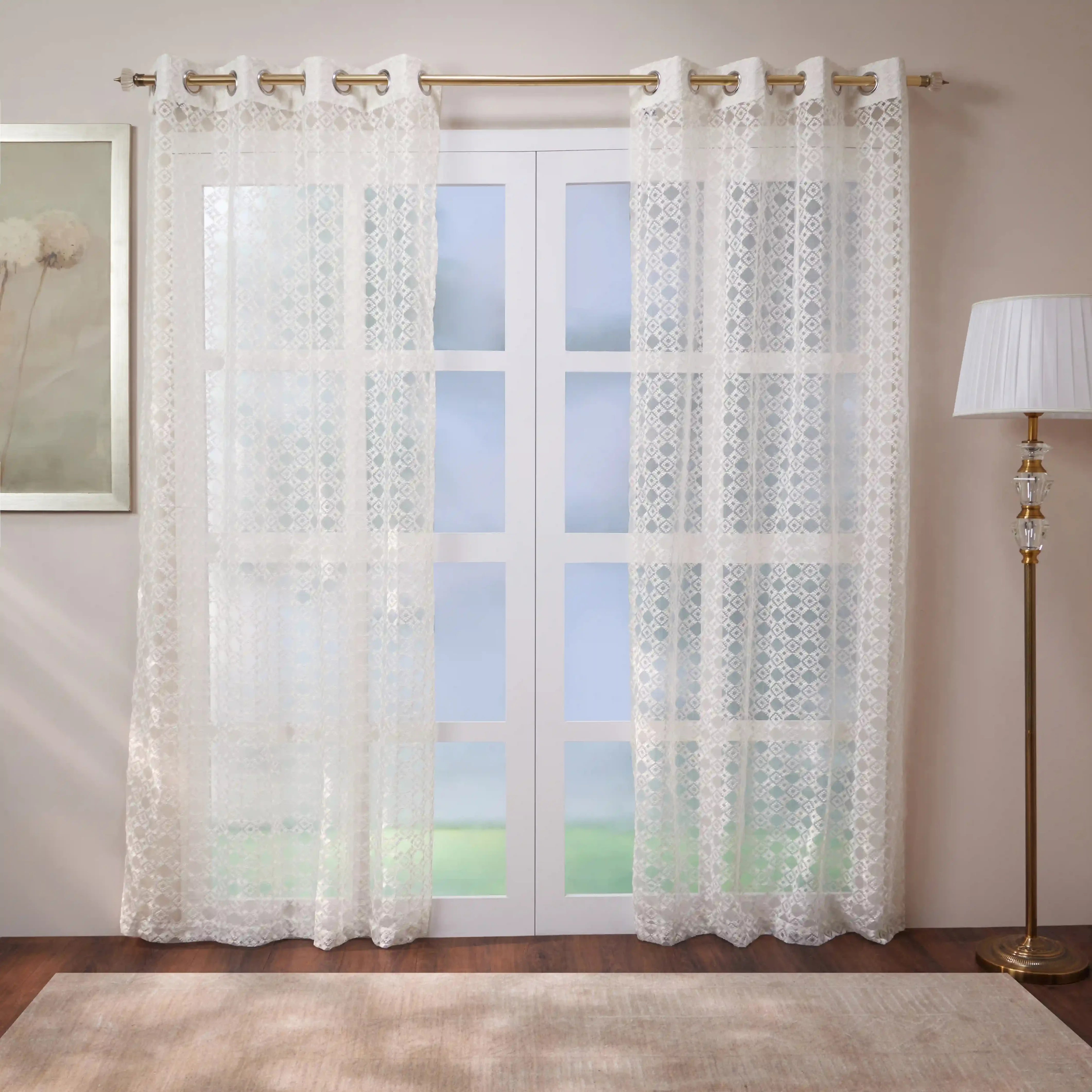 Velina Set Of 2 Embroidered Sheer Readymade Curtains | Modern Heritage Moonlight White / Door (3.60ft X 7.22ft)