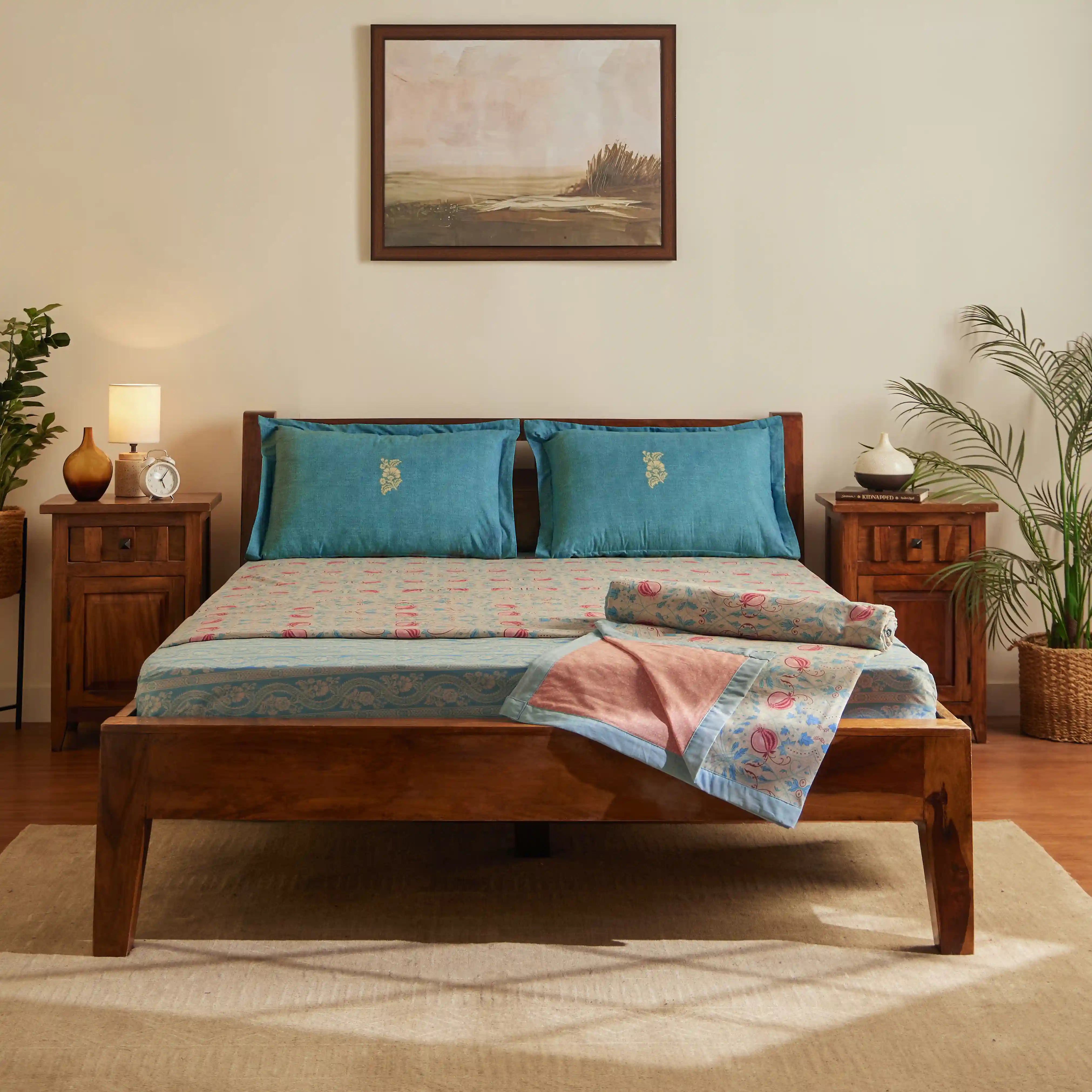 Chippa Lane | Contemporary Indian Print Design Coordinated Bedding Set | Set of Bedsheet & Dohars-Light Blue Light Blue / Double