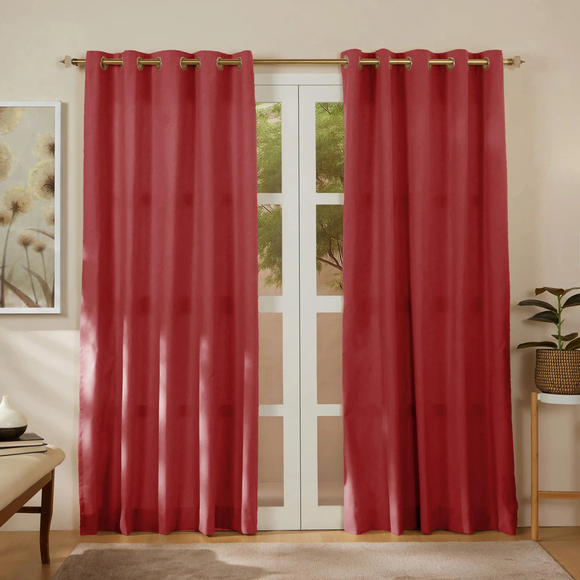 Pelushe Set Of 2 100% Cotton Solid Readymade Curtains | Everyday Hues Rosewood / Door (7ft X 4.4ft)