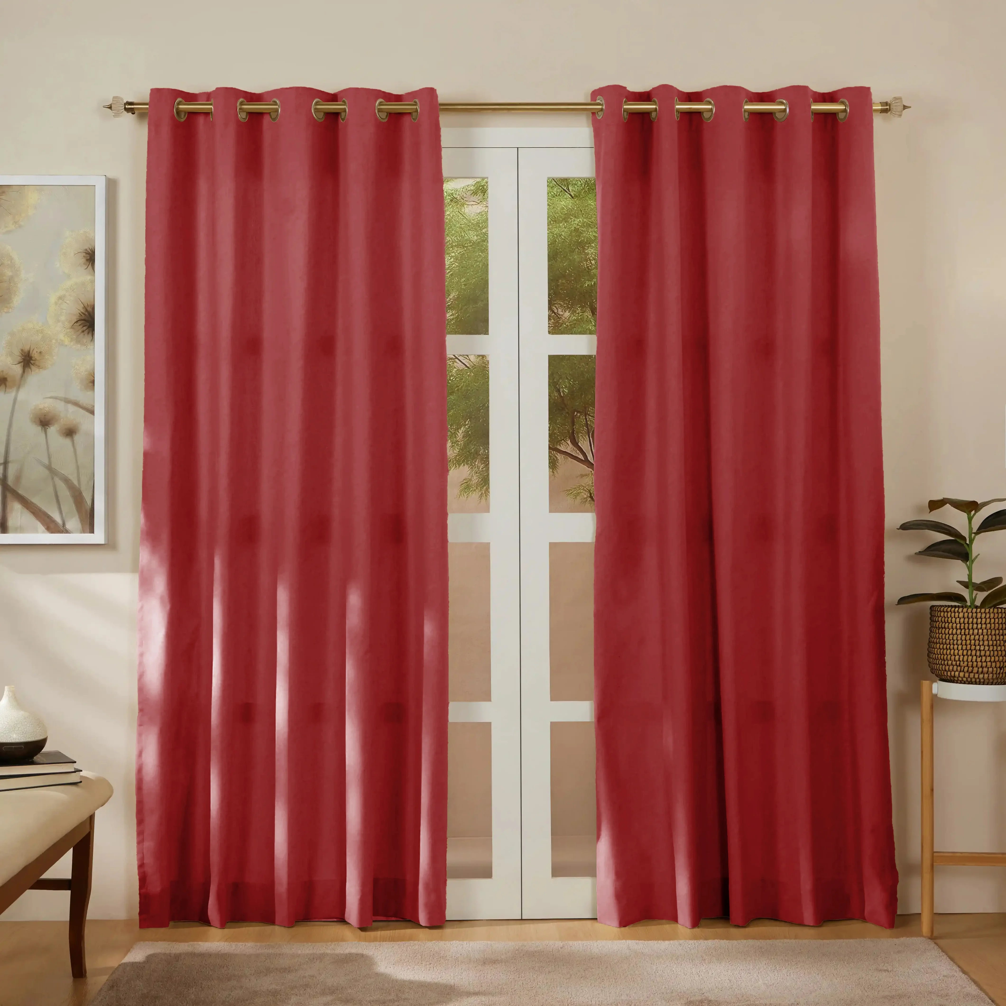 Pelushe Set Of 2 100% Cotton Solid Readymade Curtains | Everyday Hues Rosewood / Door (7ft X 4.4ft)