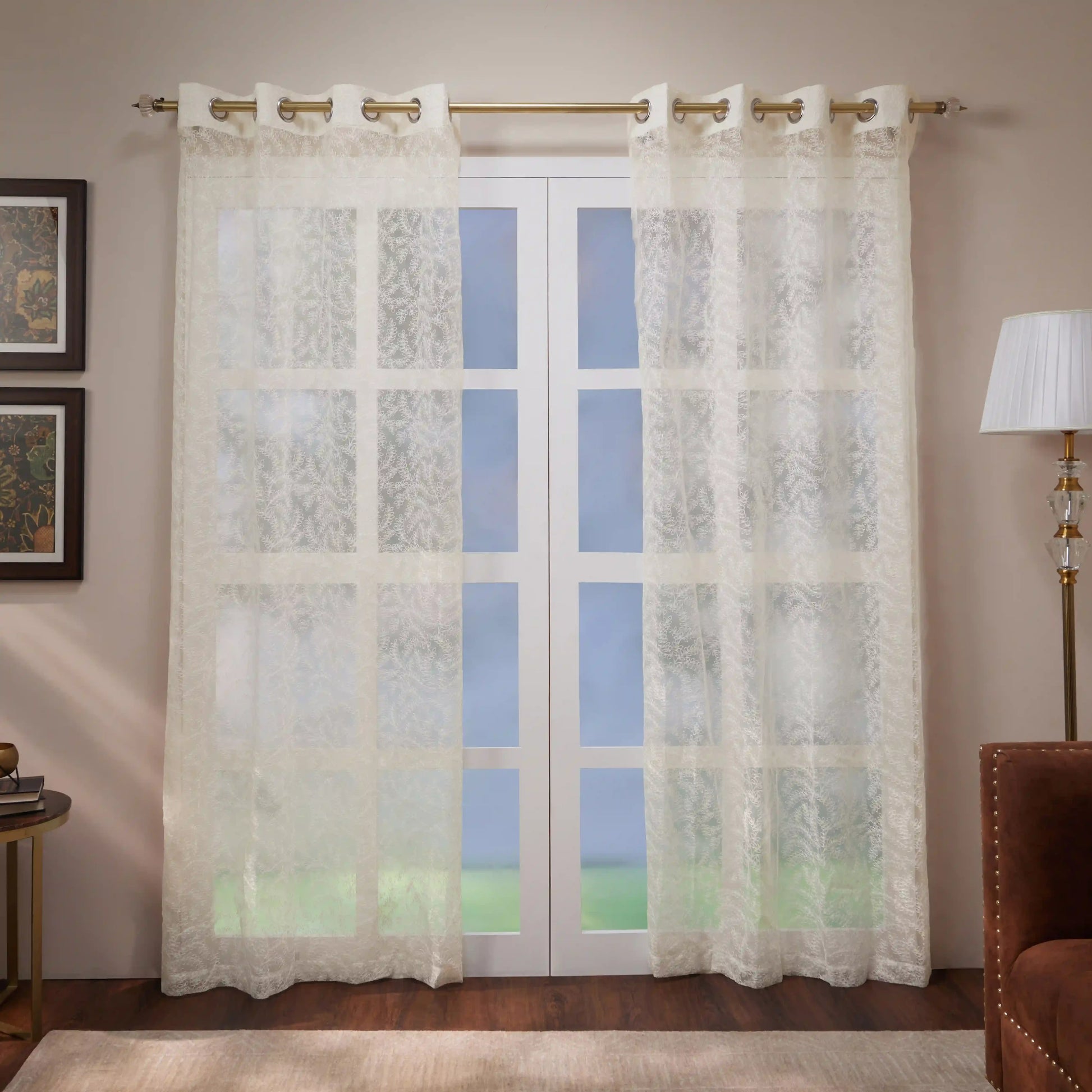 Velina Set Of 2 Embroidered Sheer Readymade Curtains | Urban Forest Cotton White / Door (3.60ft X 7.22ft)