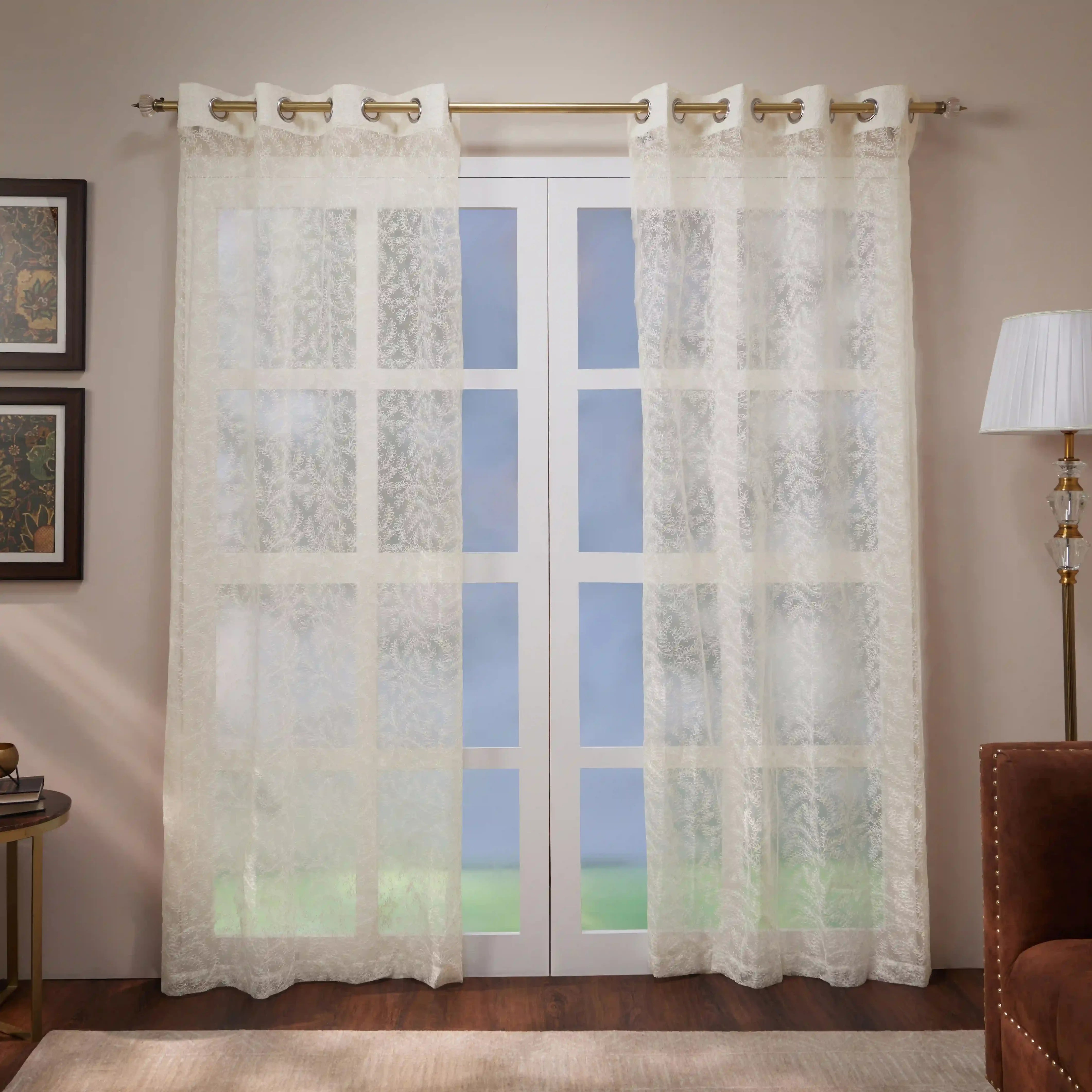 Velina Set Of 2 Embroidered Sheer Readymade Curtains | Urban Forest Cotton White / Door (3.60ft X 7.22ft)