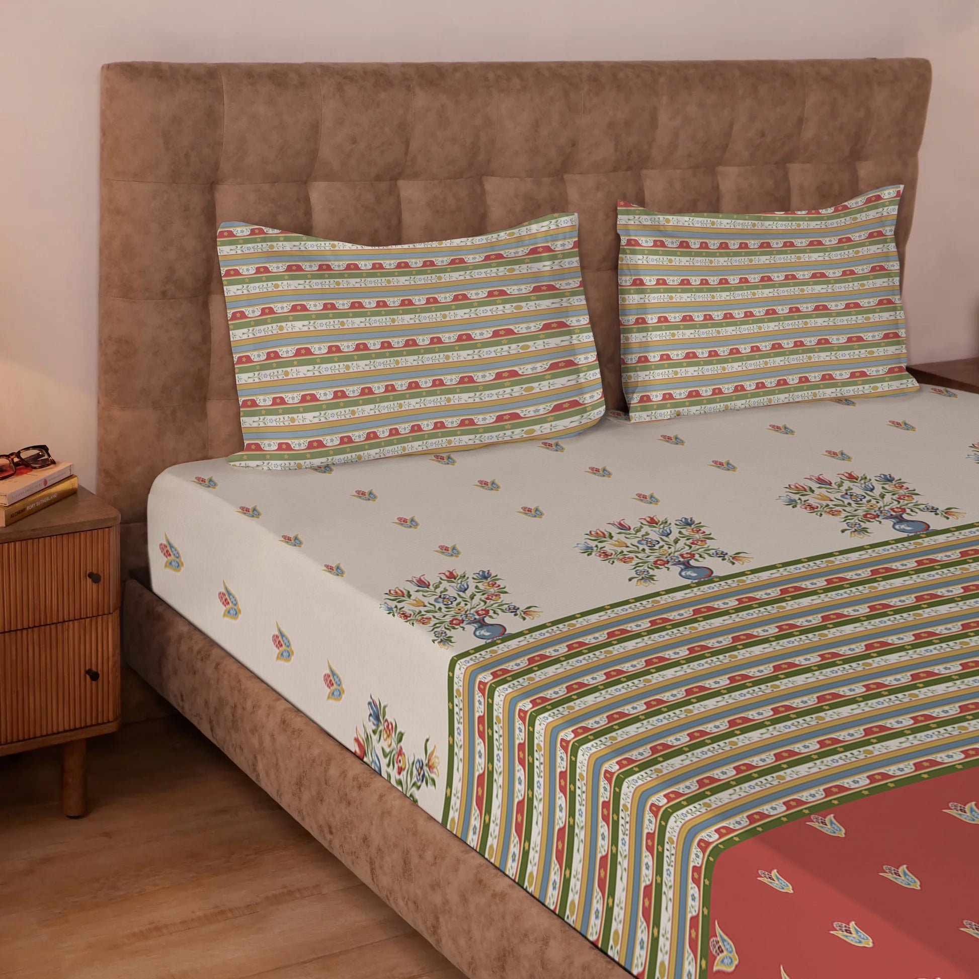 Udyan Tales | Vivid Traditional Printed Cotton Bedsheet Set - Brick Red Brick Red / King