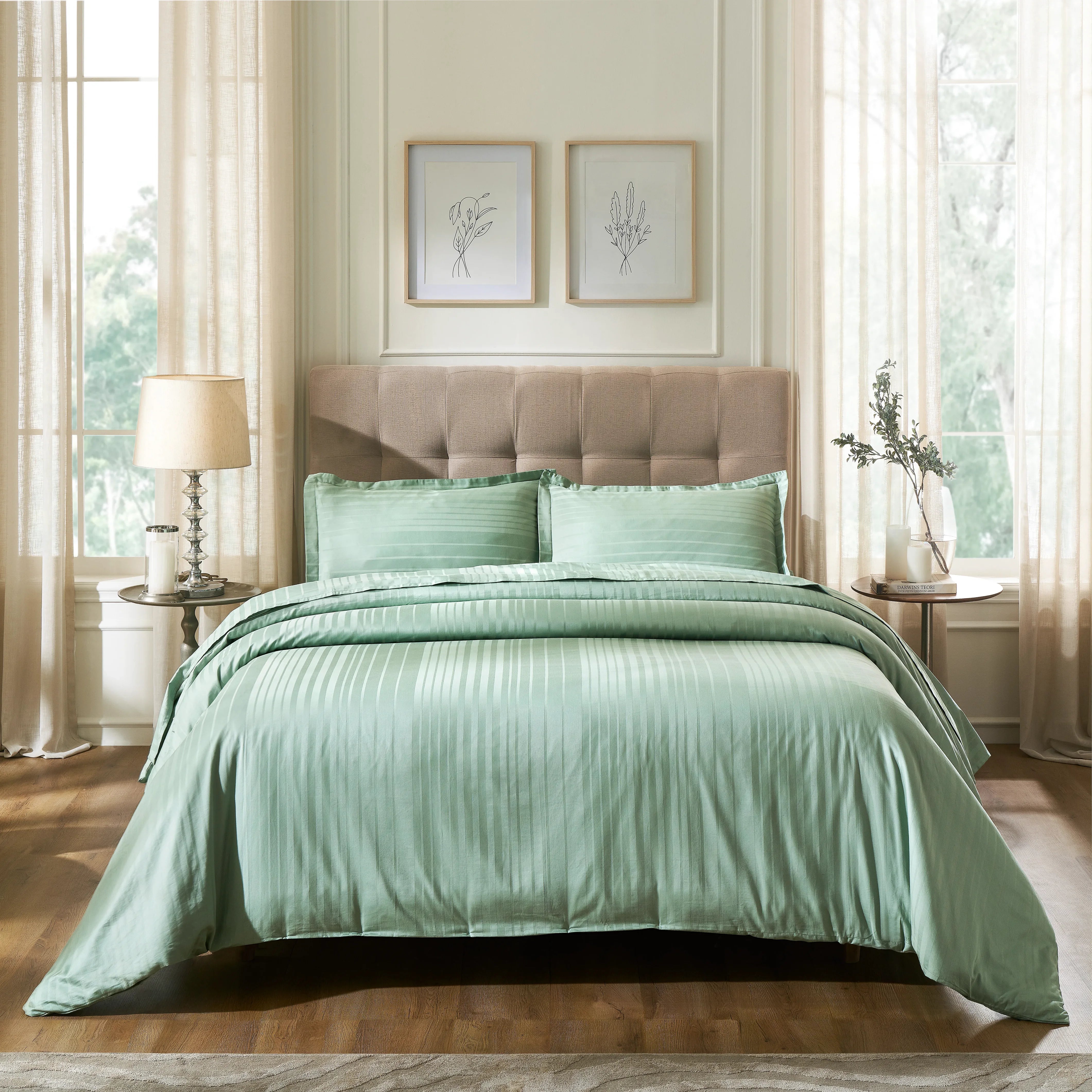 Seraya | 400TC Varigated Stripes Super Soft Fitted Sheet Set Green Sage / King