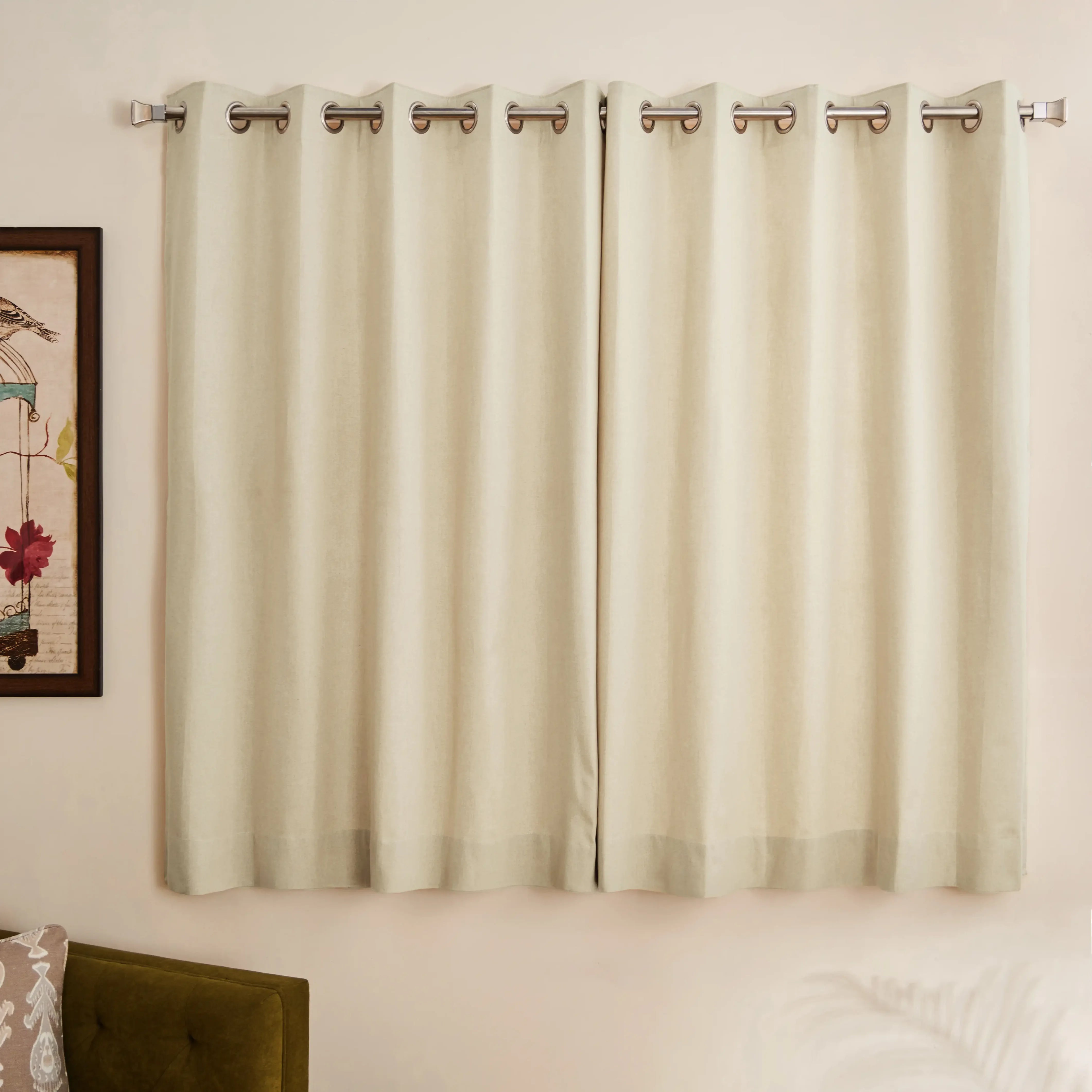 Pelushe Set Of 2 100% Cotton Solid Readymade Curtains | Everyday Hues Sesame / Window (5ft X 4.4ft)