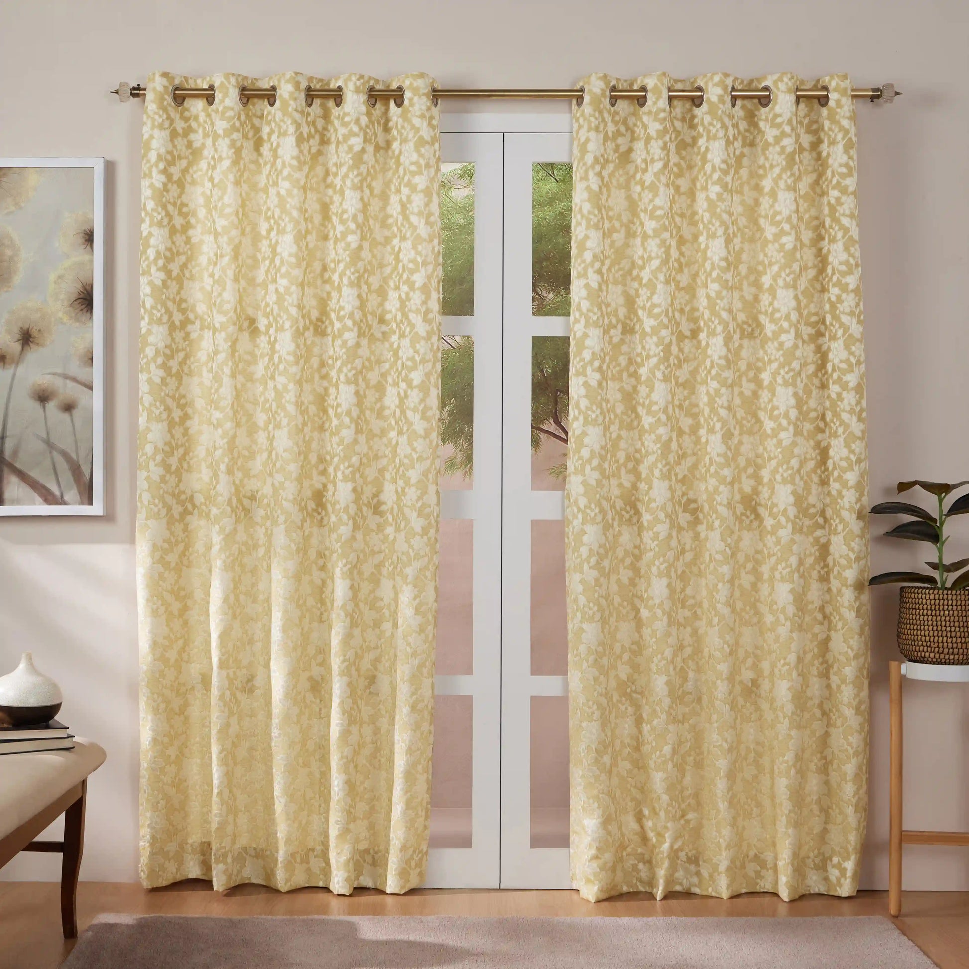 De Jacquard - Luxe Set Of 2 Jacquard Readymade Curtains | Monochrome Flora Honey / Door (7ft X 4.4ft)