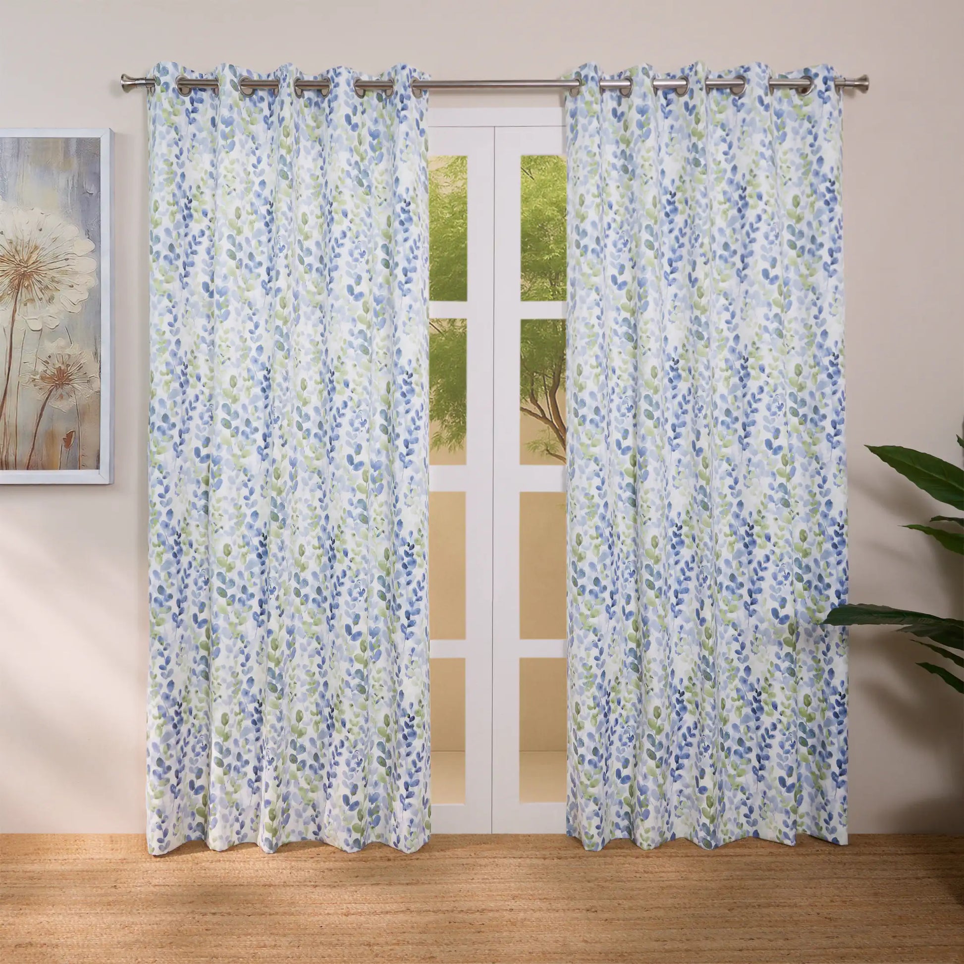 Bloomshire Classic Set Of 2 Printed Readymade Curtains | Leafy Fresh Misty Blue / Door (7ft X 4.4ft)