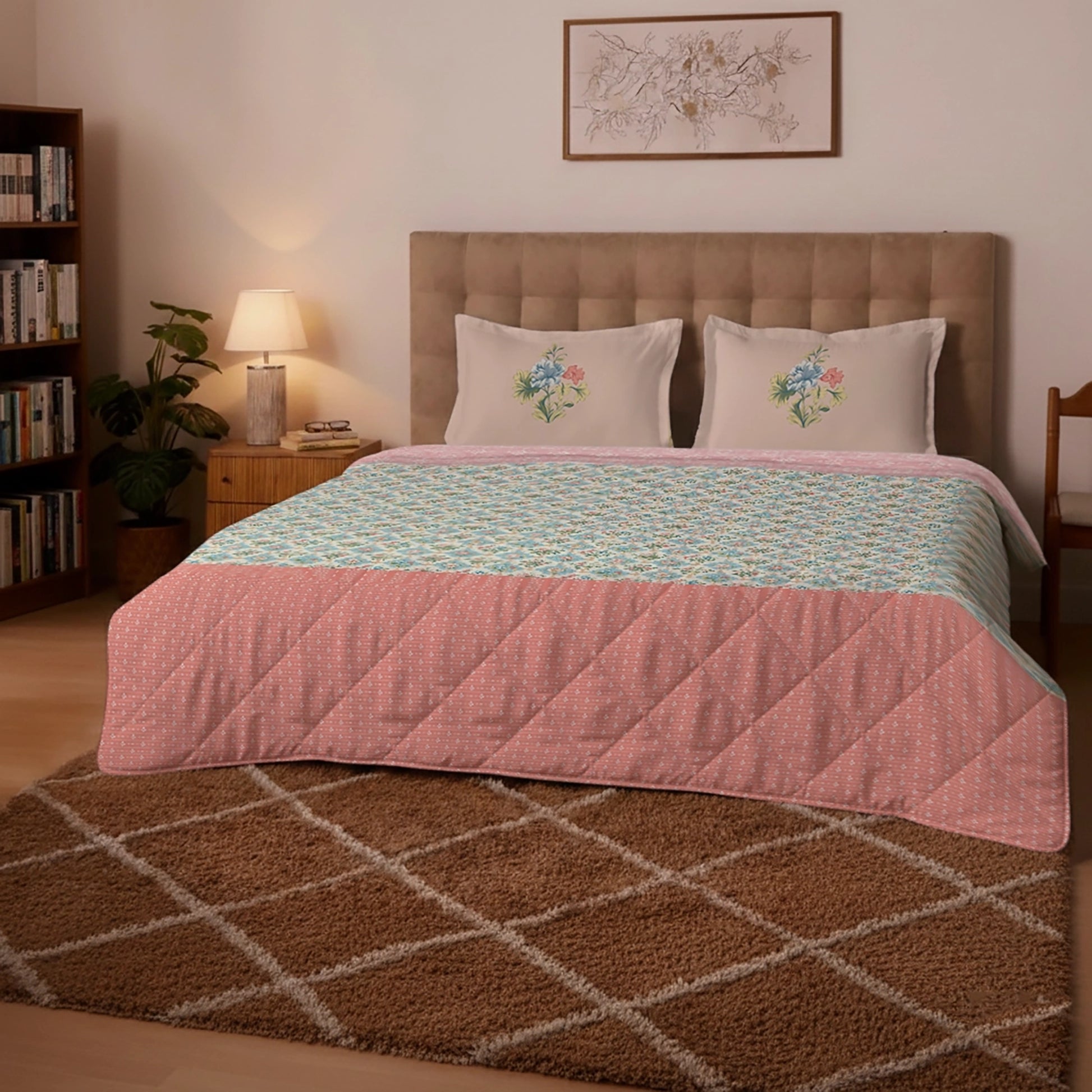 Udyan Tales | Enchanted Floral Printed 150 GSM Reversible Comforter - Flamingo Pink Flamingo Pink / King