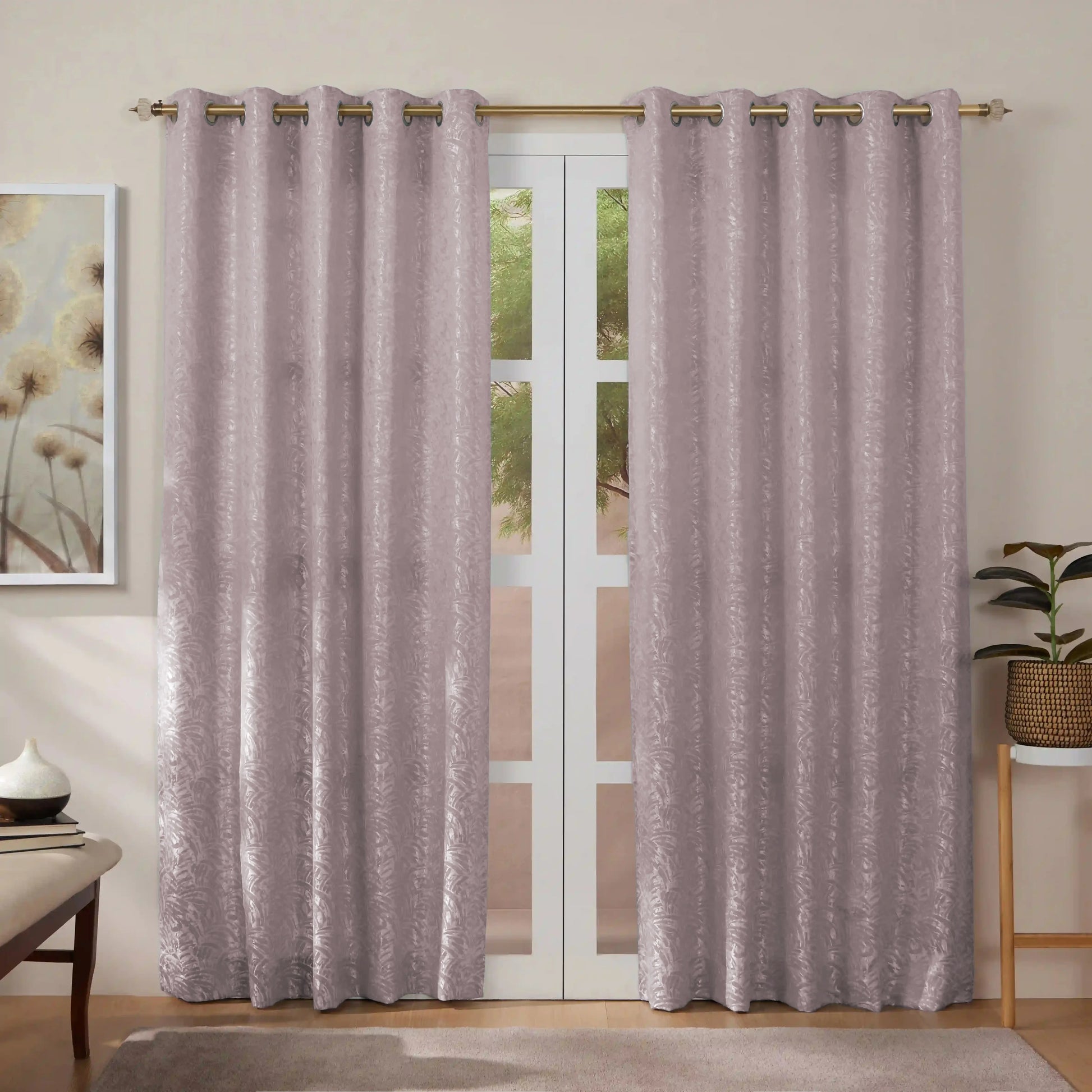 De Jacquard - Luxe Set Of 2 Jacquard Readymade Curtains | Natural Imprint Misty Lavender / Door-XL (9ft X 4.4ft)