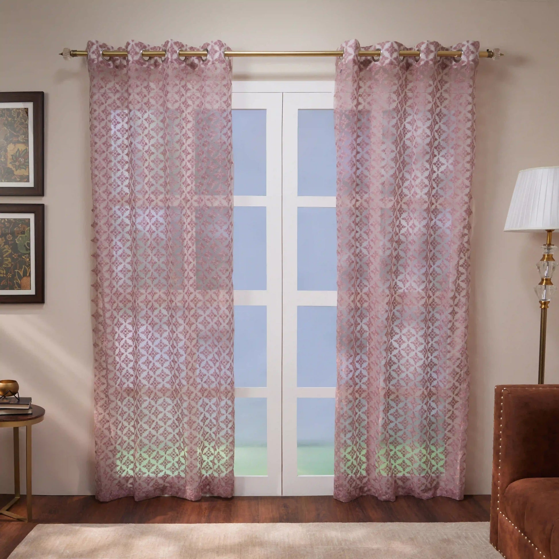 Velina Set Of 2 Embroidered Sheer Readymade Curtains | Royal Jharokha Mauve Essence / Door (3.60ft X 7.22ft)