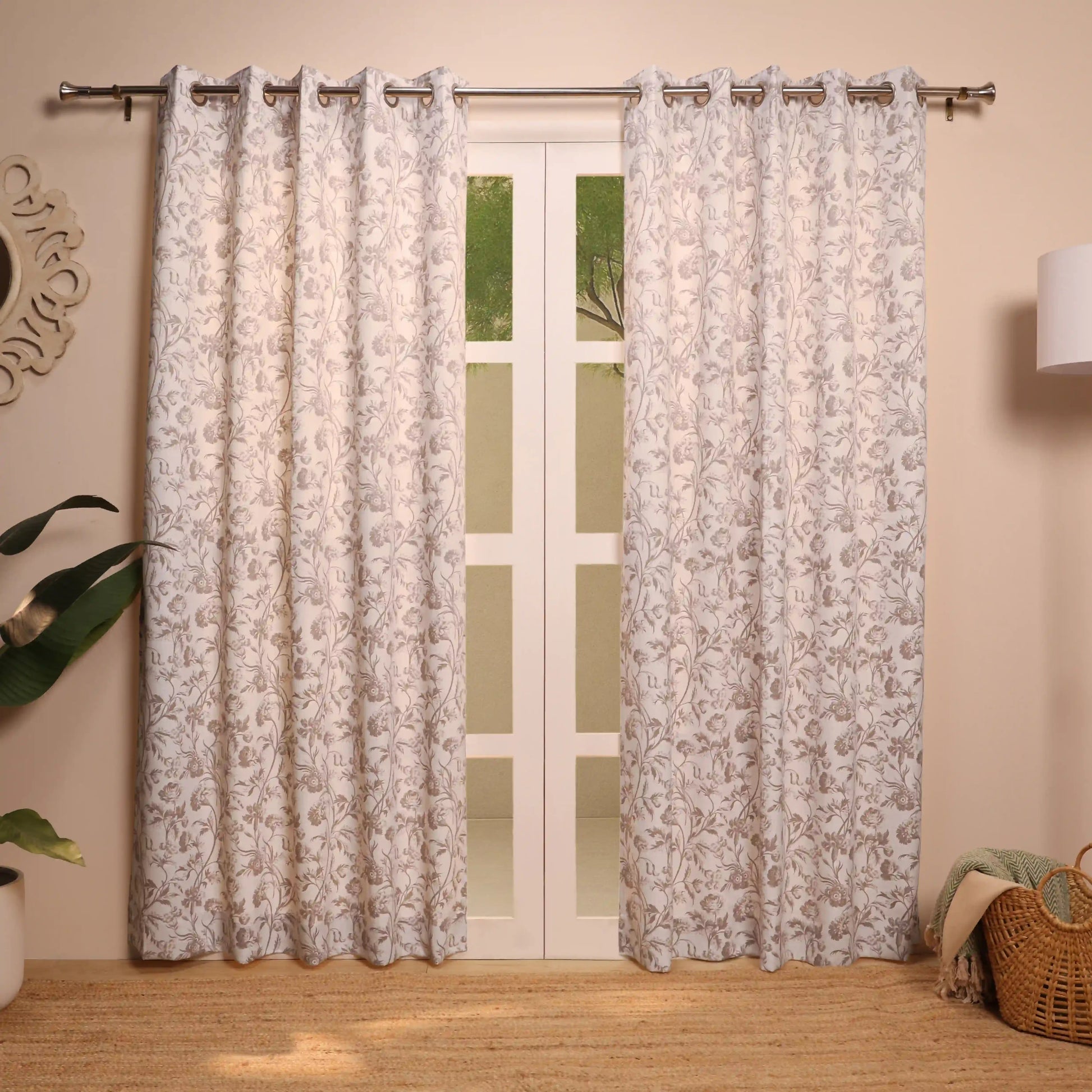 Bloomshire Classic Set Of 2 Printed Readymade Curtains | Shadow Bloom Walnut / Door (7ft X 4.4ft)
