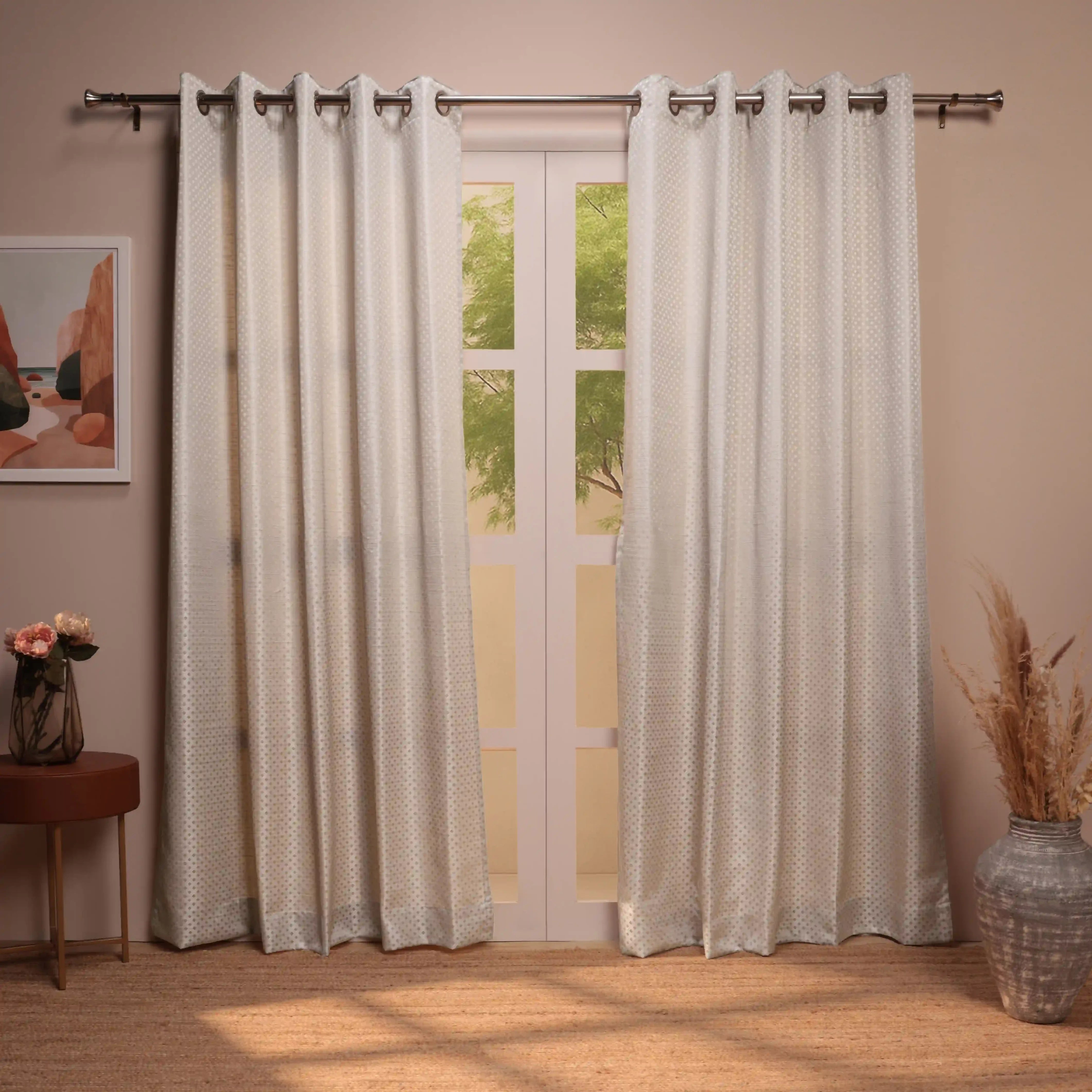 De Jacquard - Classic Set Of 2 Jacquard Readymade Curtains | Wavy Heritage Bone / Door (7ft X 4.4ft)