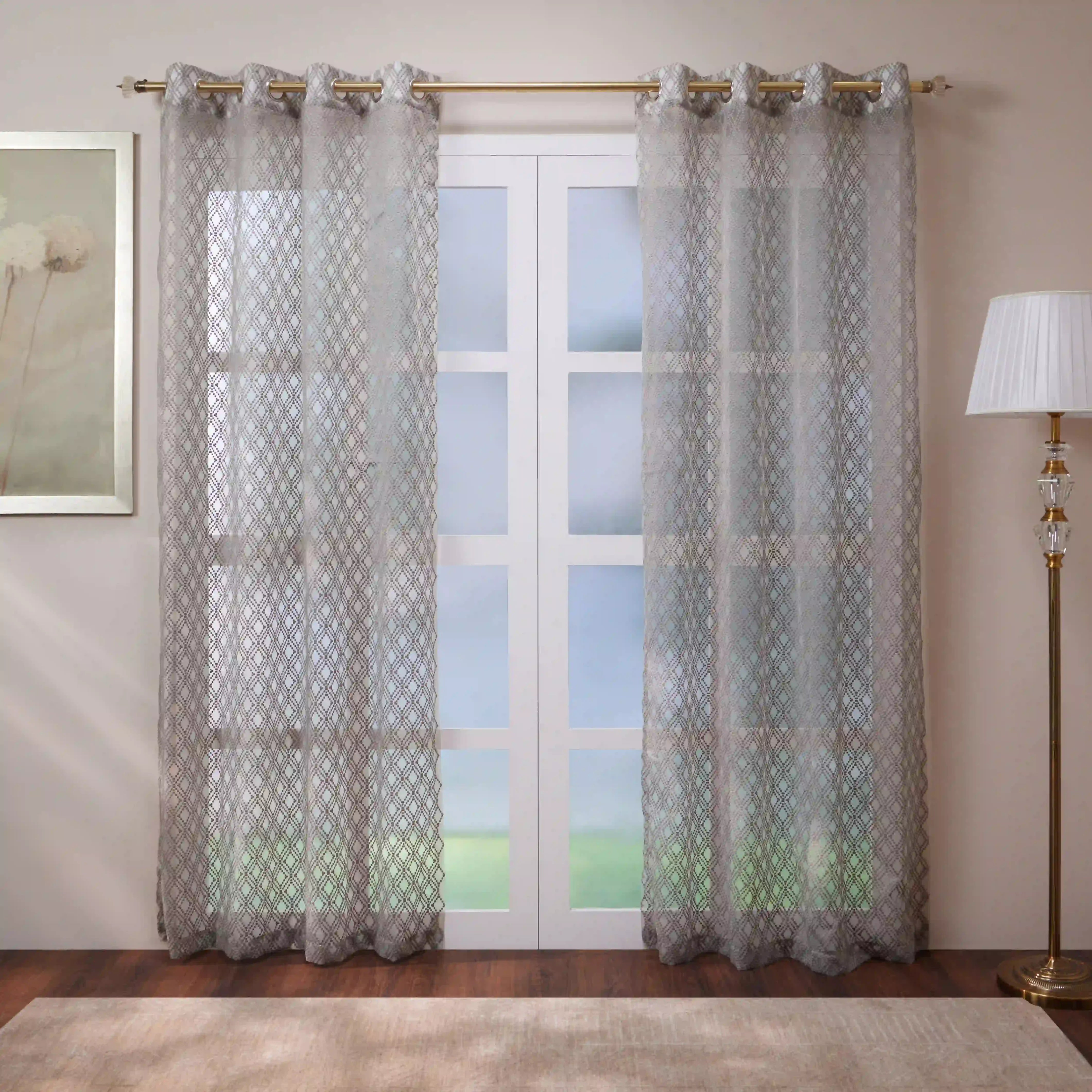 Velina Set Of 2 Embroidered Sheer Readymade Curtains | Boho Mirage Ashen Stone / Door (3.60ft X 7.22ft)
