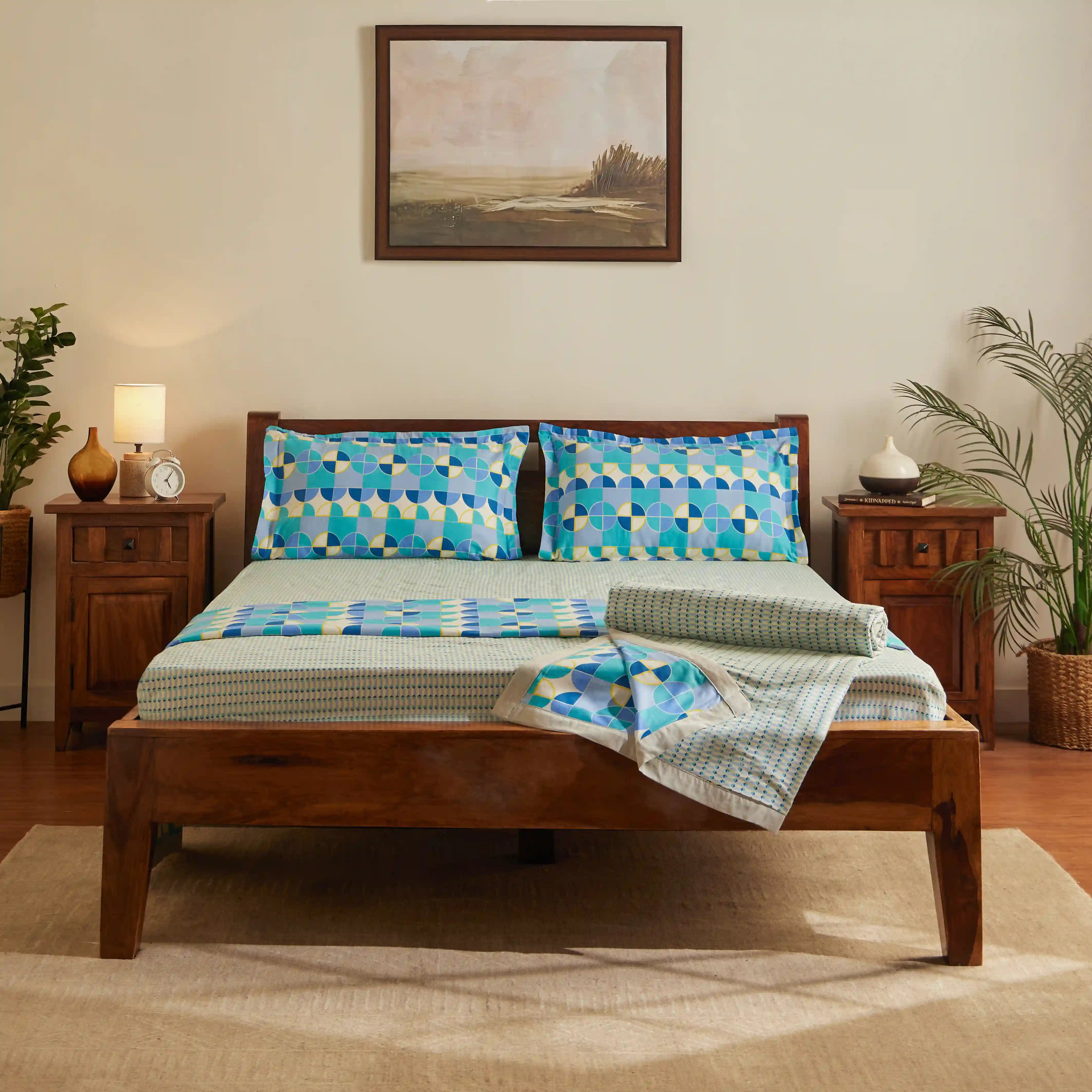 Mishella Printed Kaleido Teal Bedding Set-2 (Dbl Bedsheet + 2 Sgl Dohar) Kaleido Teal / Double
