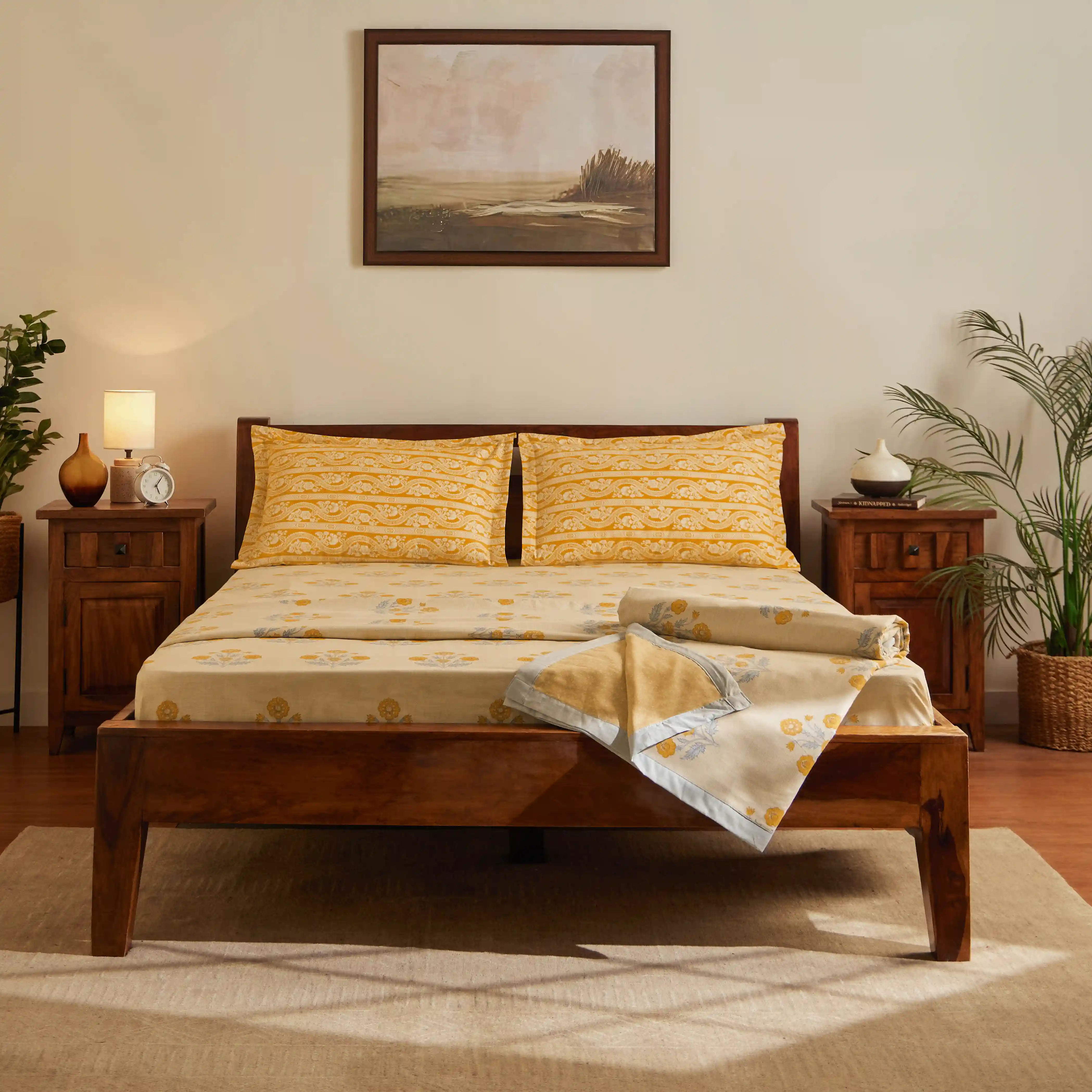 Chippa Lane | Contemporary Indian Print Design Coordinated Bedding Set | Set of Bedsheet & Dohars-Ochre Ochre / Double