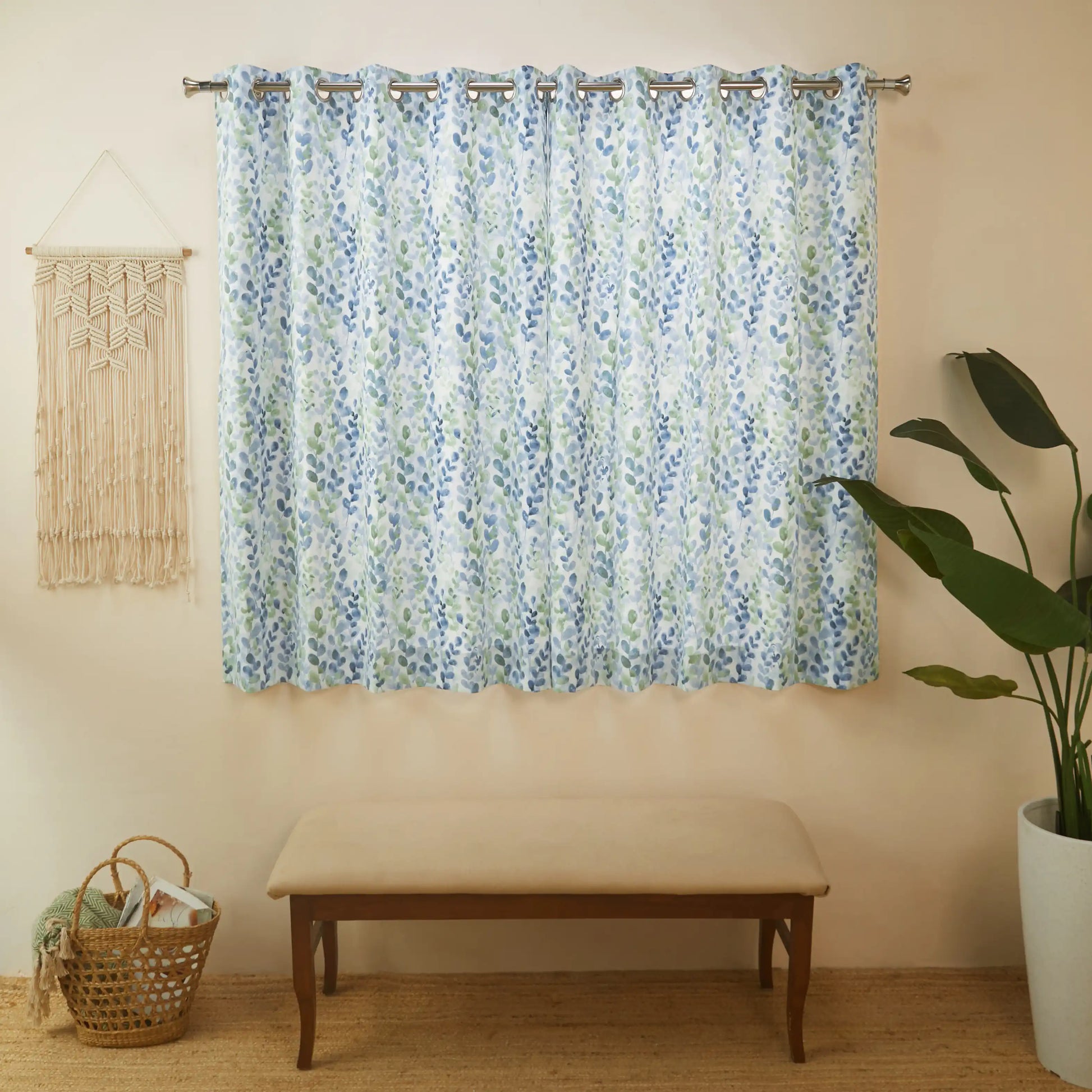 Bloomshire Classic Set Of 2 Printed Readymade Curtains | Leafy Fresh Misty Blue / Window (5ft X 4.4ft)