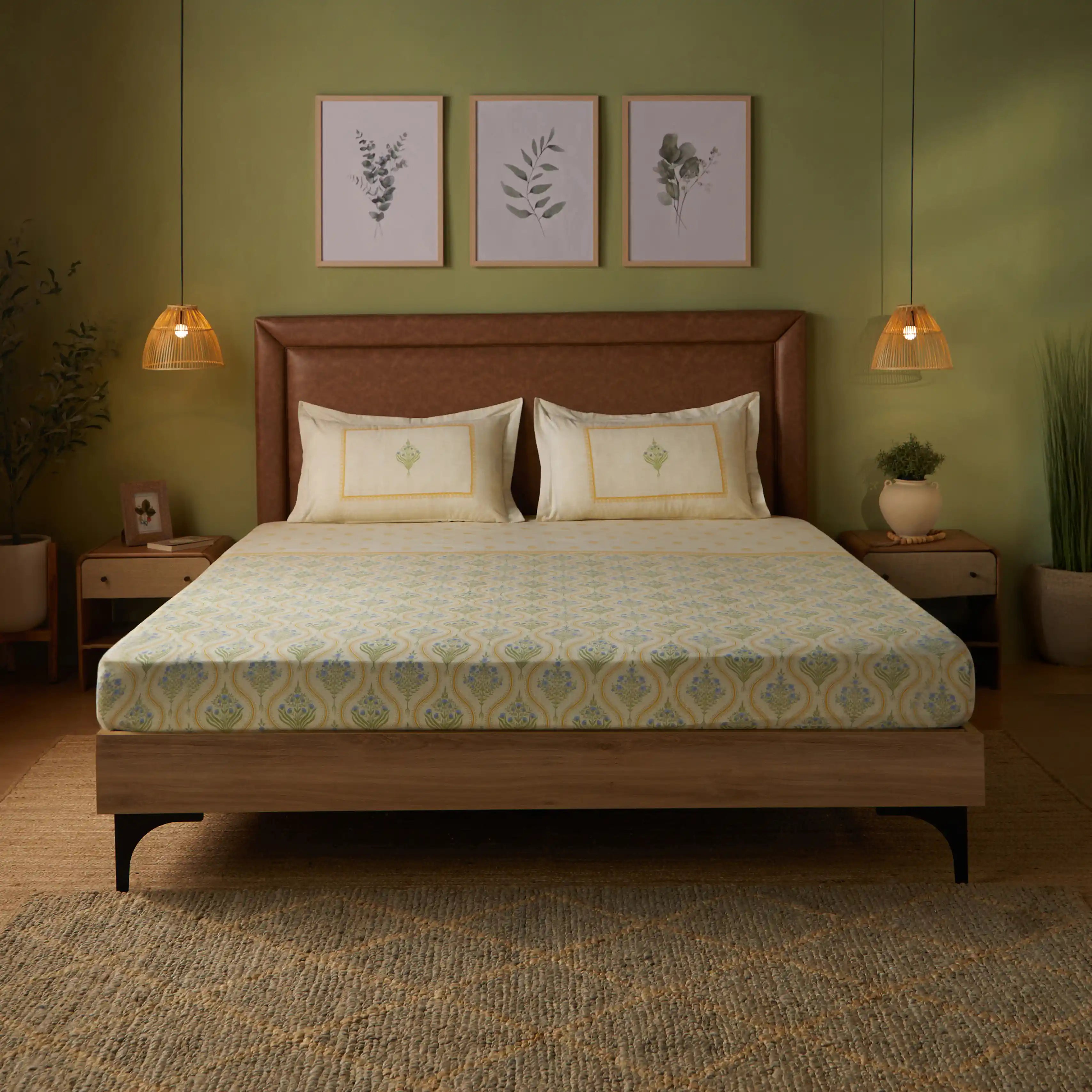 Chippa Lane | Contemporary Indian Print Design Cotton Fitted Sheet Set-Mustard Mustard / Queen