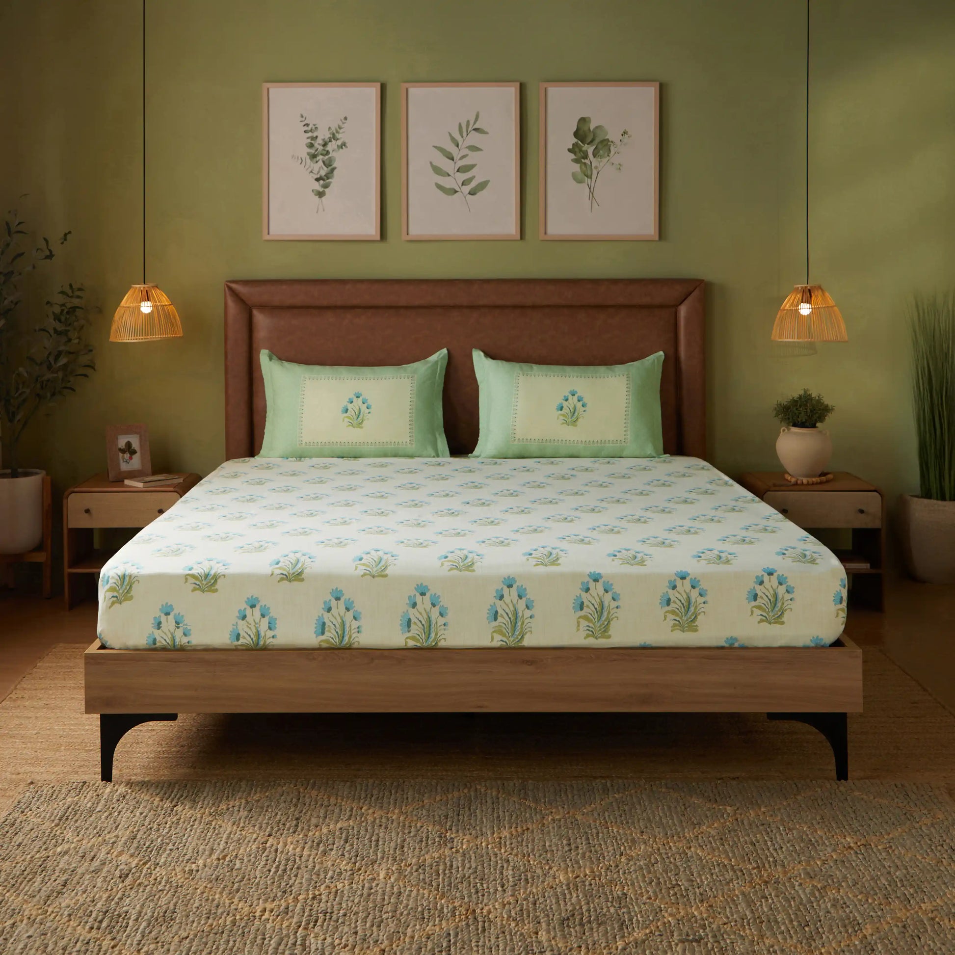 Chippa Lane | Contemporary Indian Print Design Cotton Bedsheet Set-Indian Sage Indian Sage / Super King