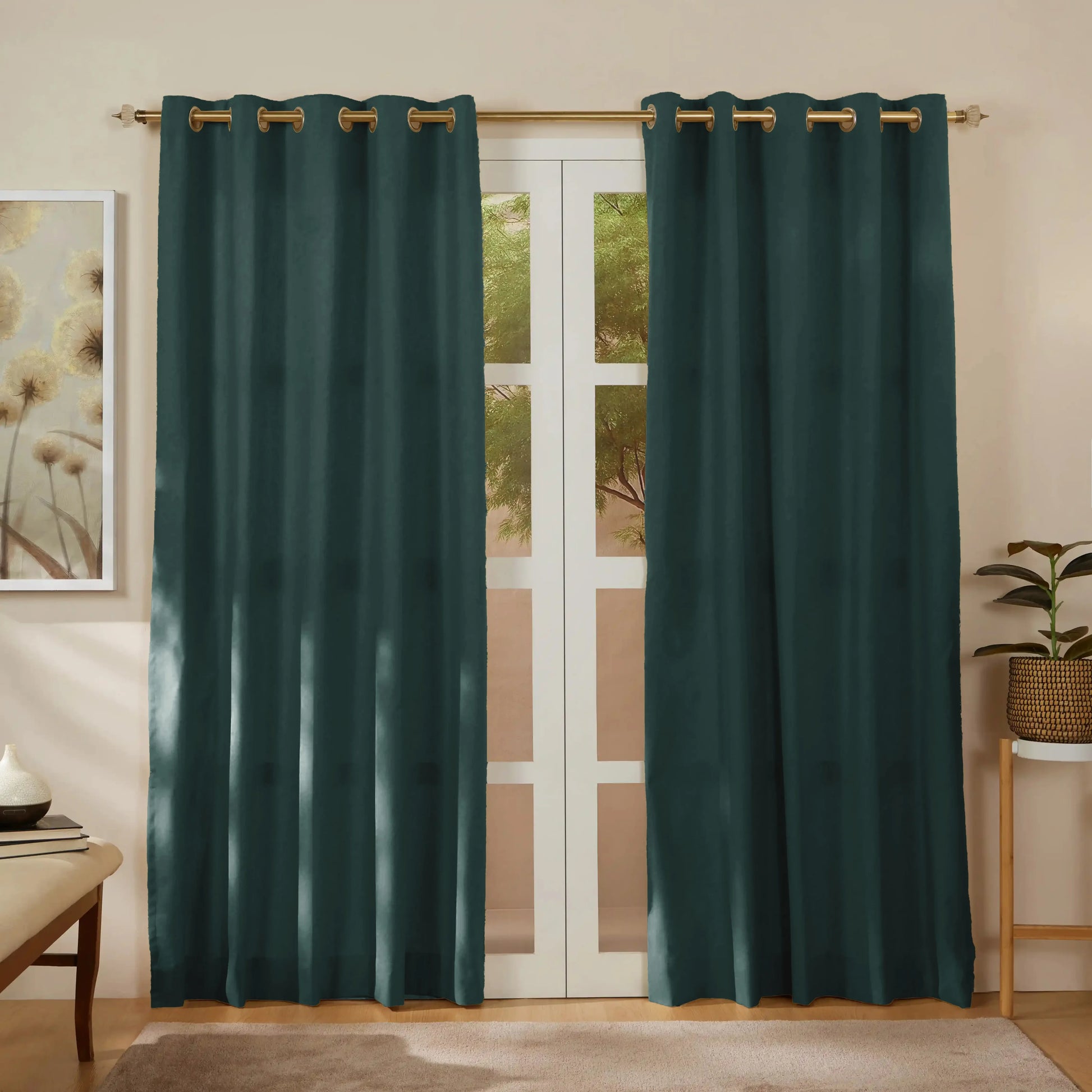 Pelushe Set Of 2 100% Cotton Solid Readymade Curtains | Everyday Hues Forest / Door-XL (9ft X 4.4ft)
