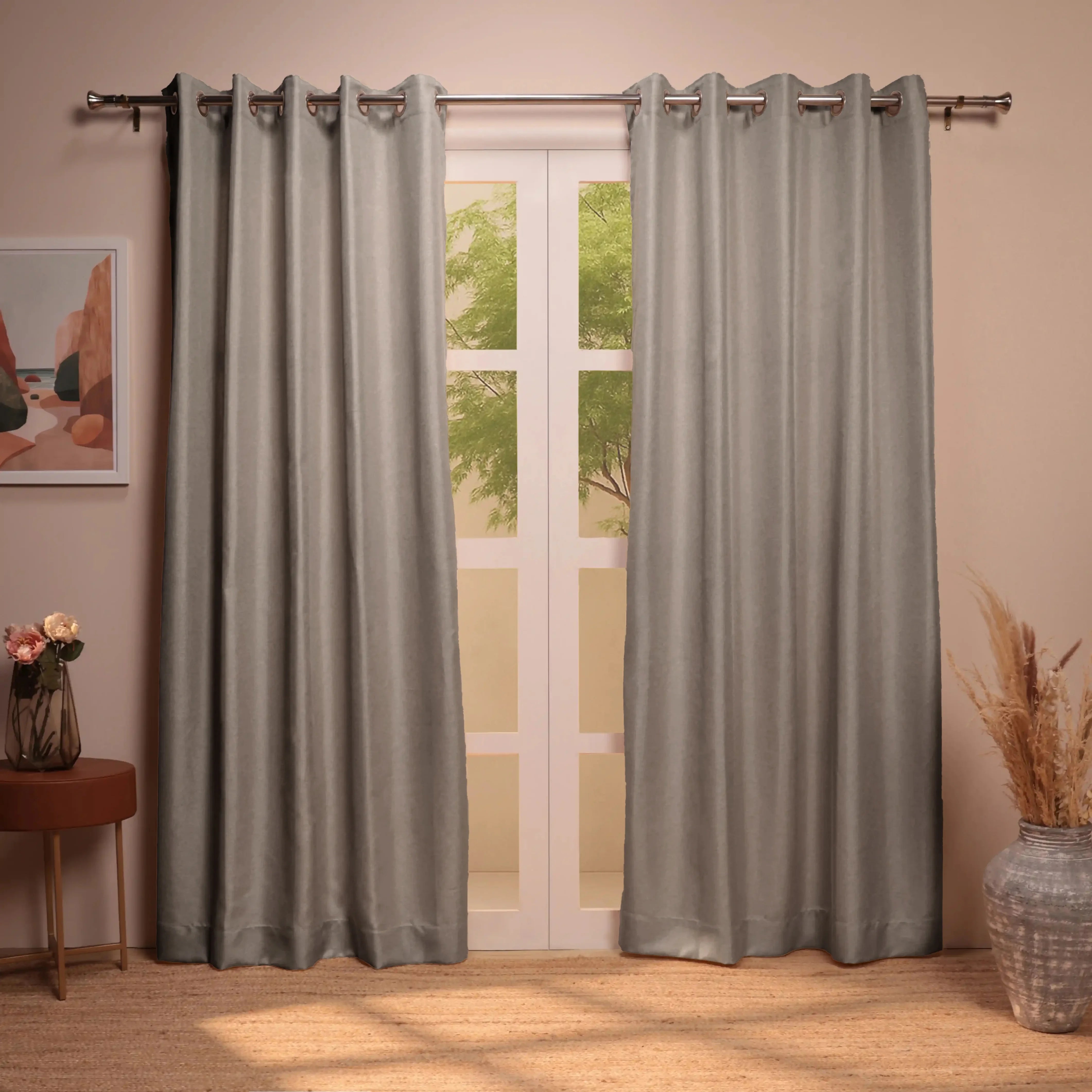 Paleto Set Of 2 Solid Readymade Curtains | Muted Moments Mushroom / Door (7ft X 4.4ft)