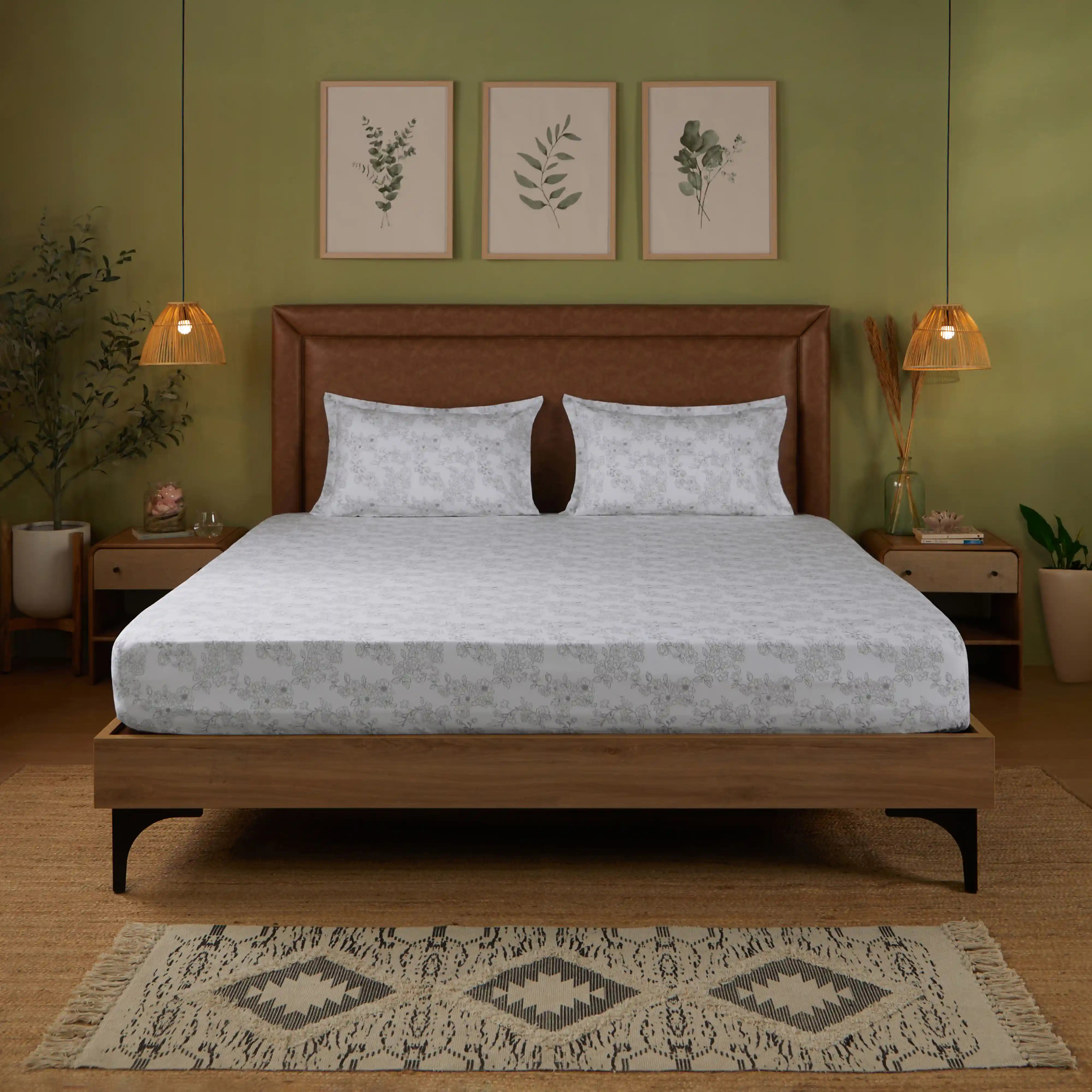 Bloomshire Classic | Everyday Charm Printed Cotton Fitted Sheet Set-Grey Grey / Queen
