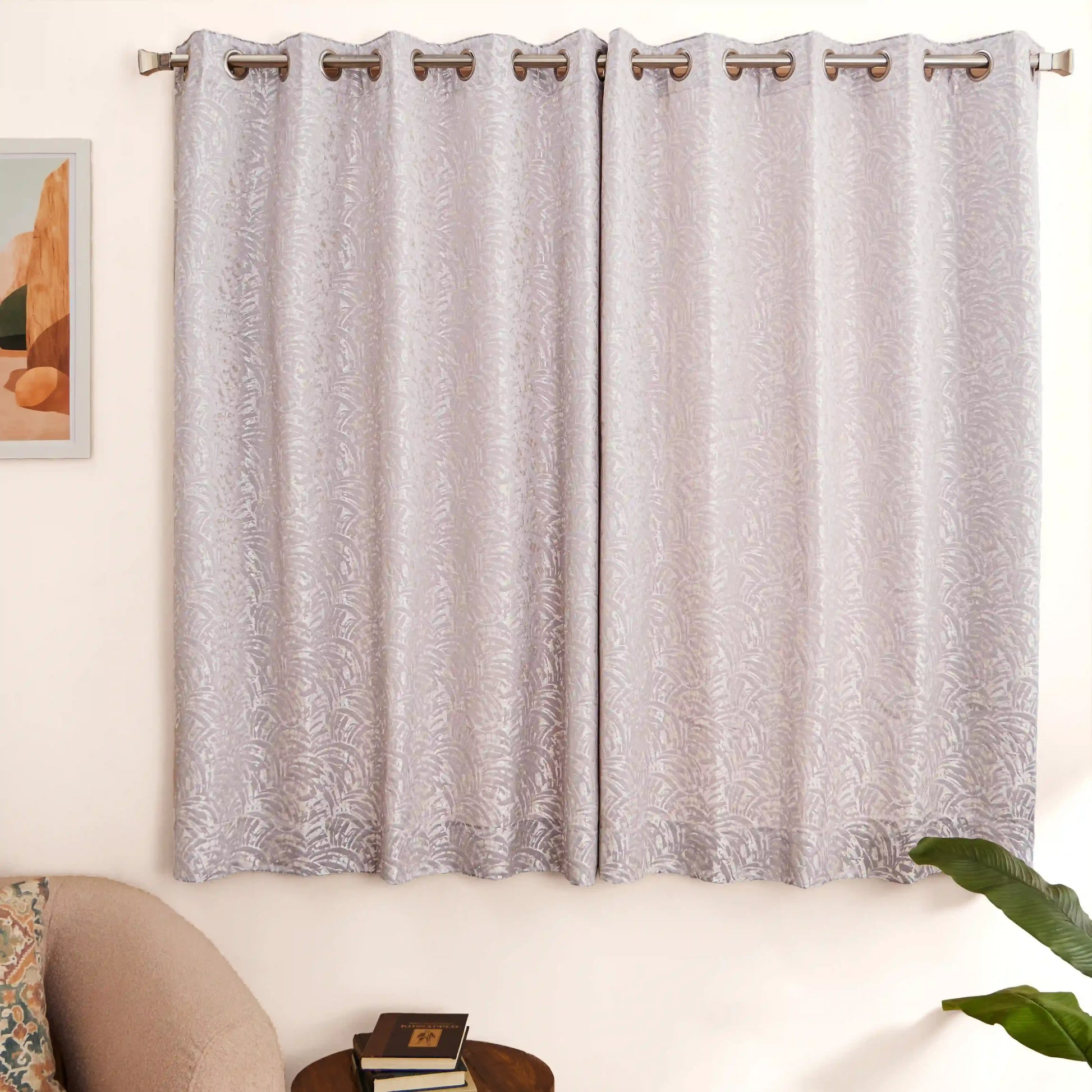 De Jacquard - Luxe Set Of 2 Jacquard Readymade Curtains | Natural Imprint Misty Lavender / Window (5ft X 4.4ft)