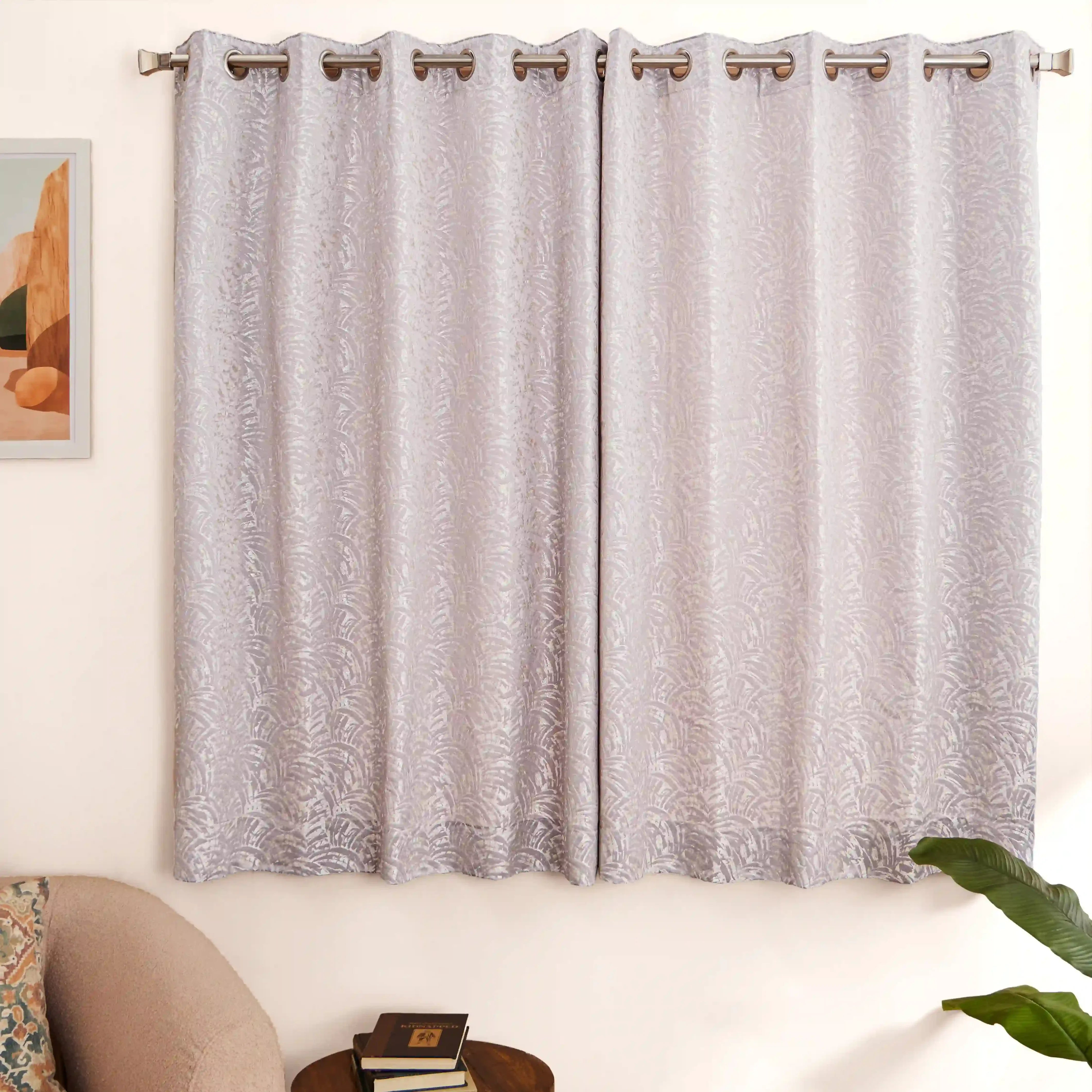 De Jacquard - Luxe Set Of 2 Jacquard Readymade Curtains | Natural Imprint Misty Lavender / Window (5ft X 4.4ft)