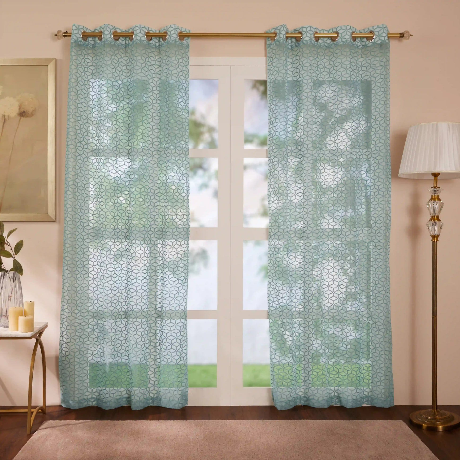 Velina Set Of 2 Embroidered Sheer Readymade Curtains | Whispering Trellis Minted Sea / Door (3.60ft X 7.22ft)