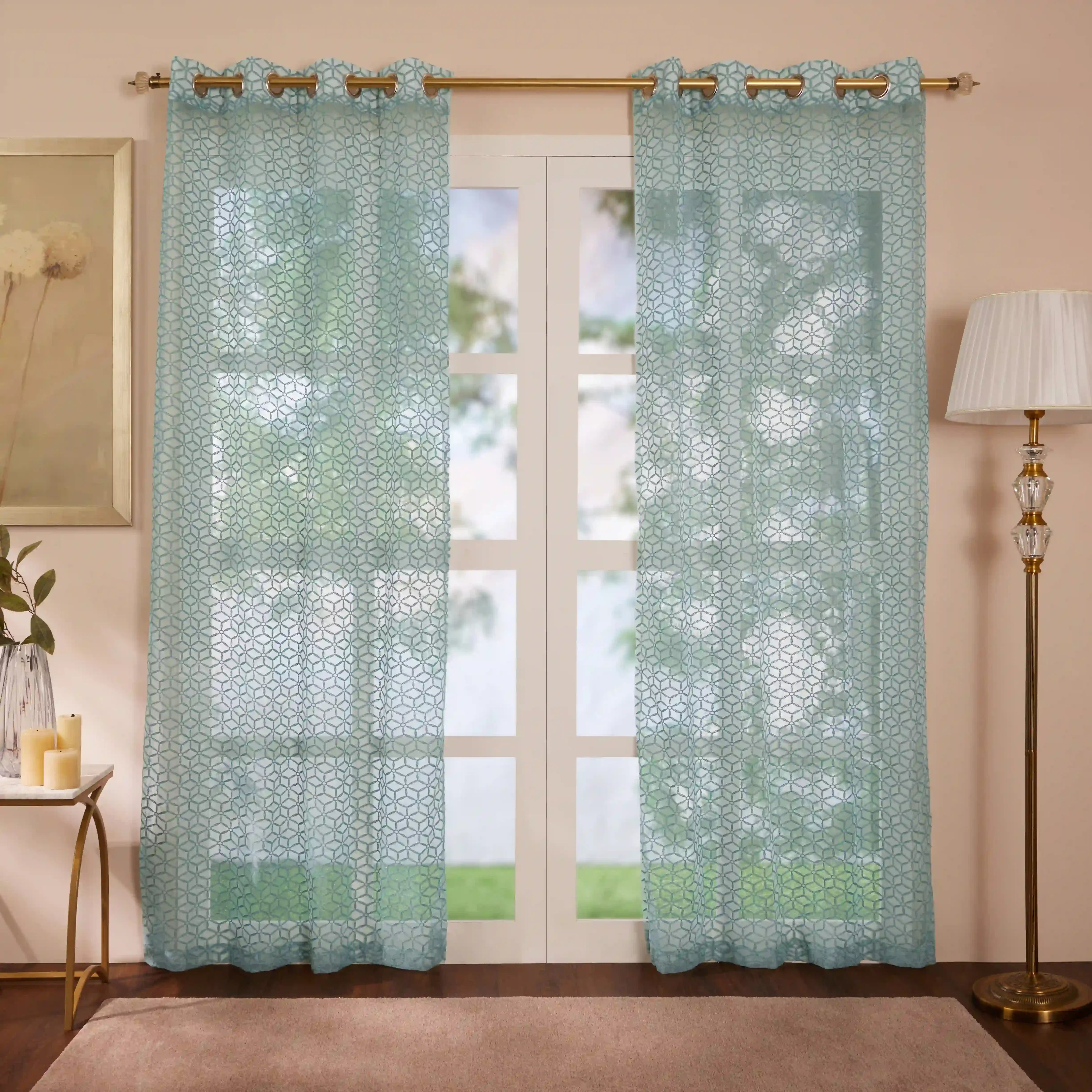 Velina Set Of 2 Embroidered Sheer Readymade Curtains | Whispering Trellis Minted Sea / Door (3.60ft X 7.22ft)