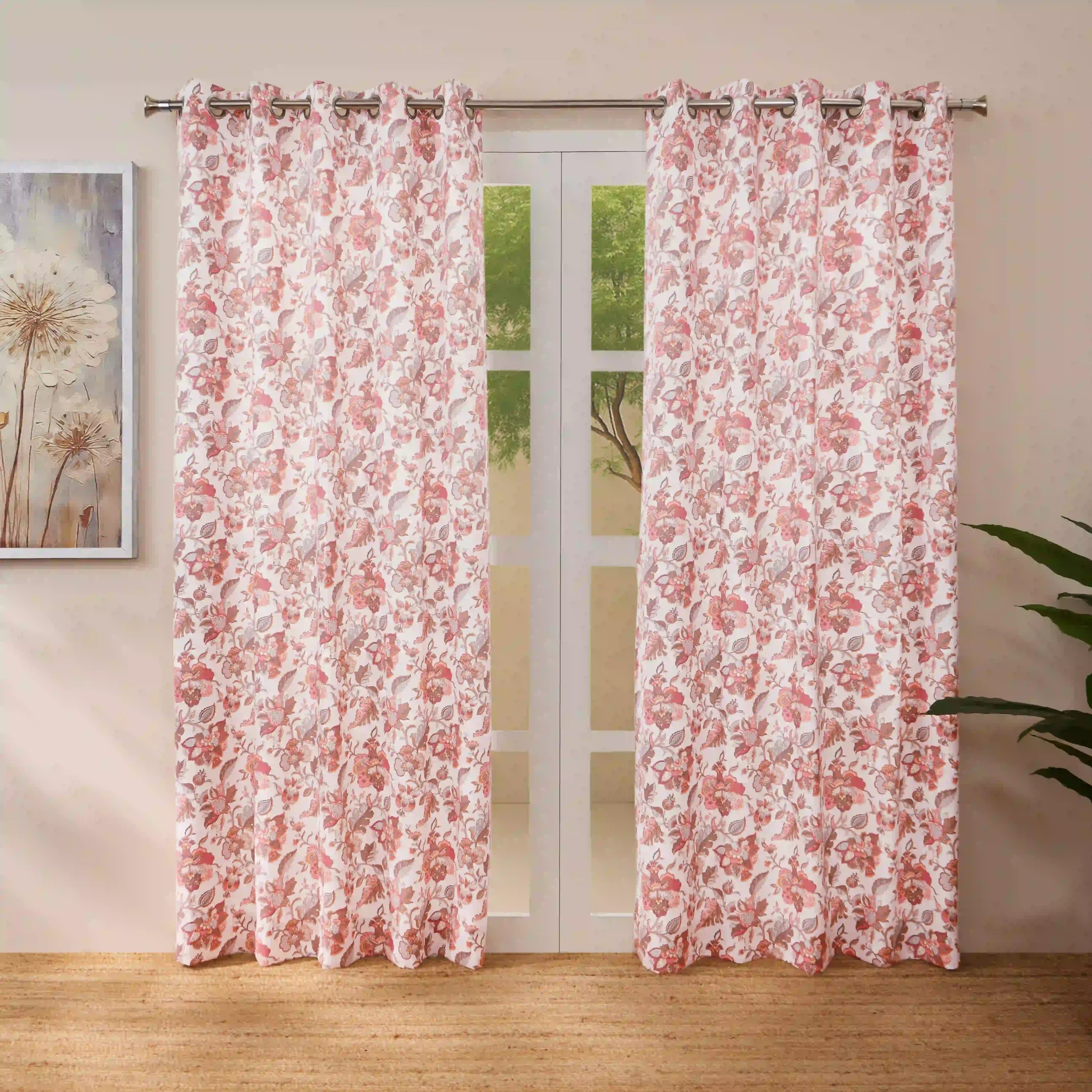 Bloomshire Classic Set Of 2 Printed Readymade Curtains | Classic Chintz Salmon / Door-XL (9ft X 4.4ft)