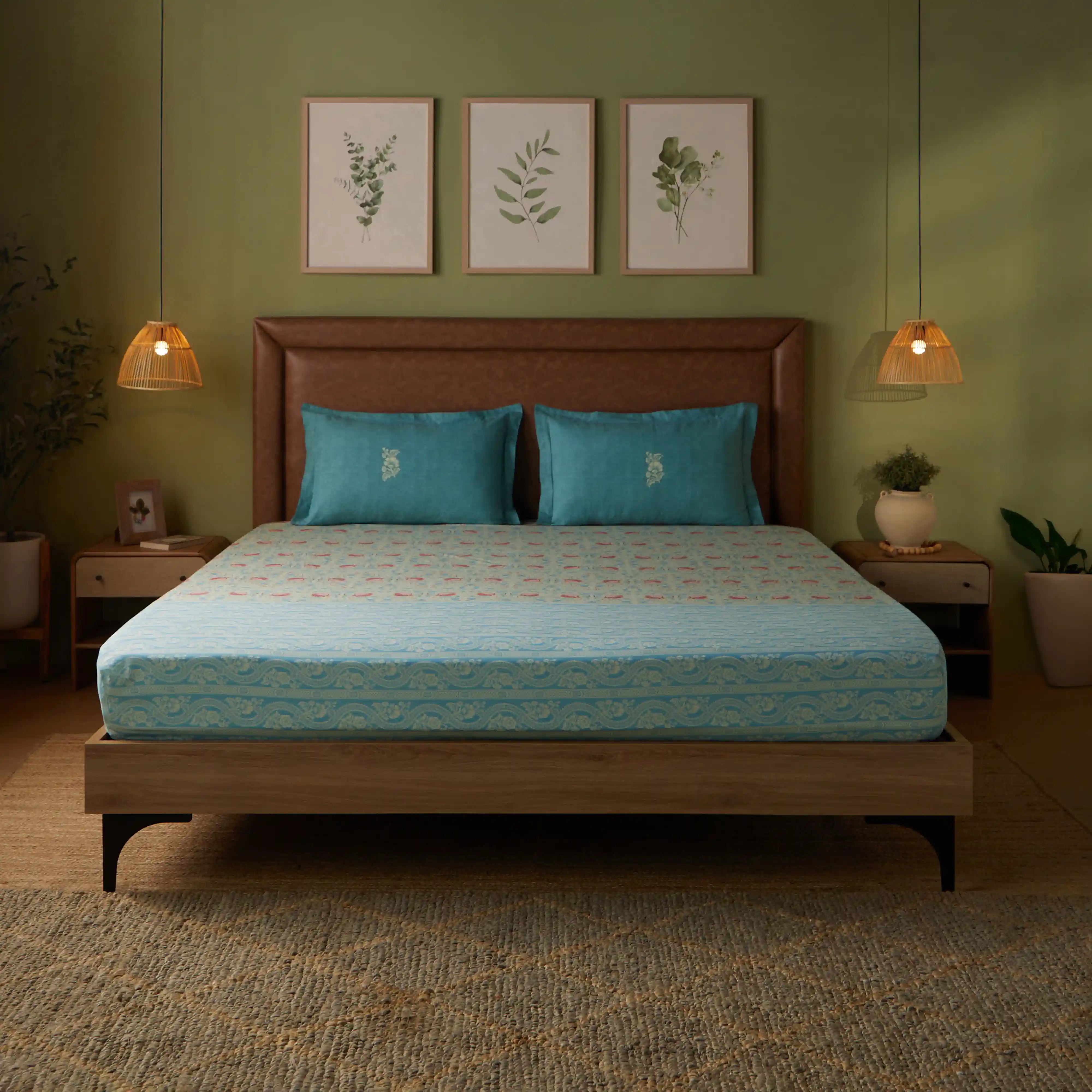 Chippa Lane | Contemporary Indian Print Design Cotton Fitted Sheet Set-Light Blue Light Blue / Queen