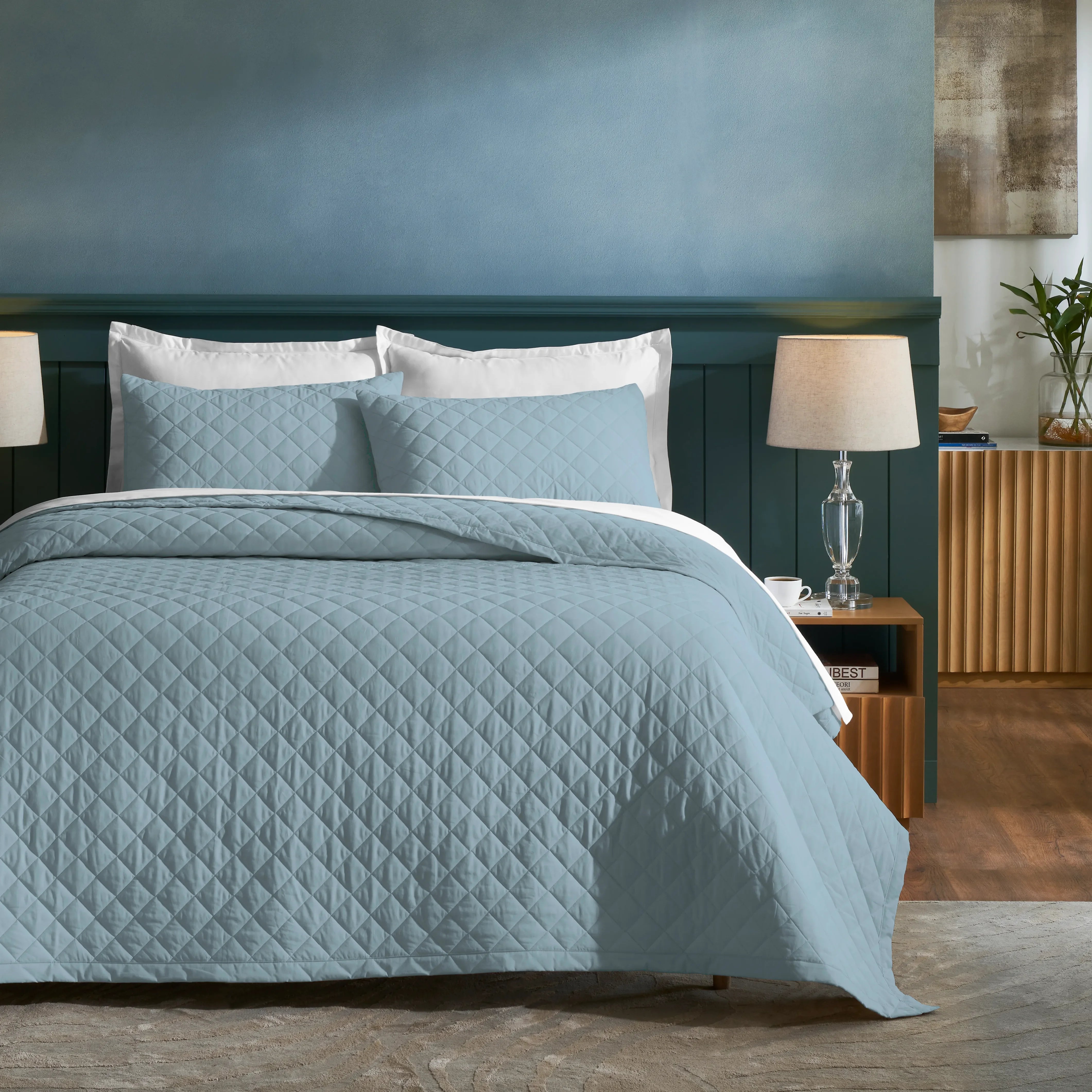 Nuvola | Luxurious Solid Dyed Diamond Quilted Cotton Bedcover Set French Blue