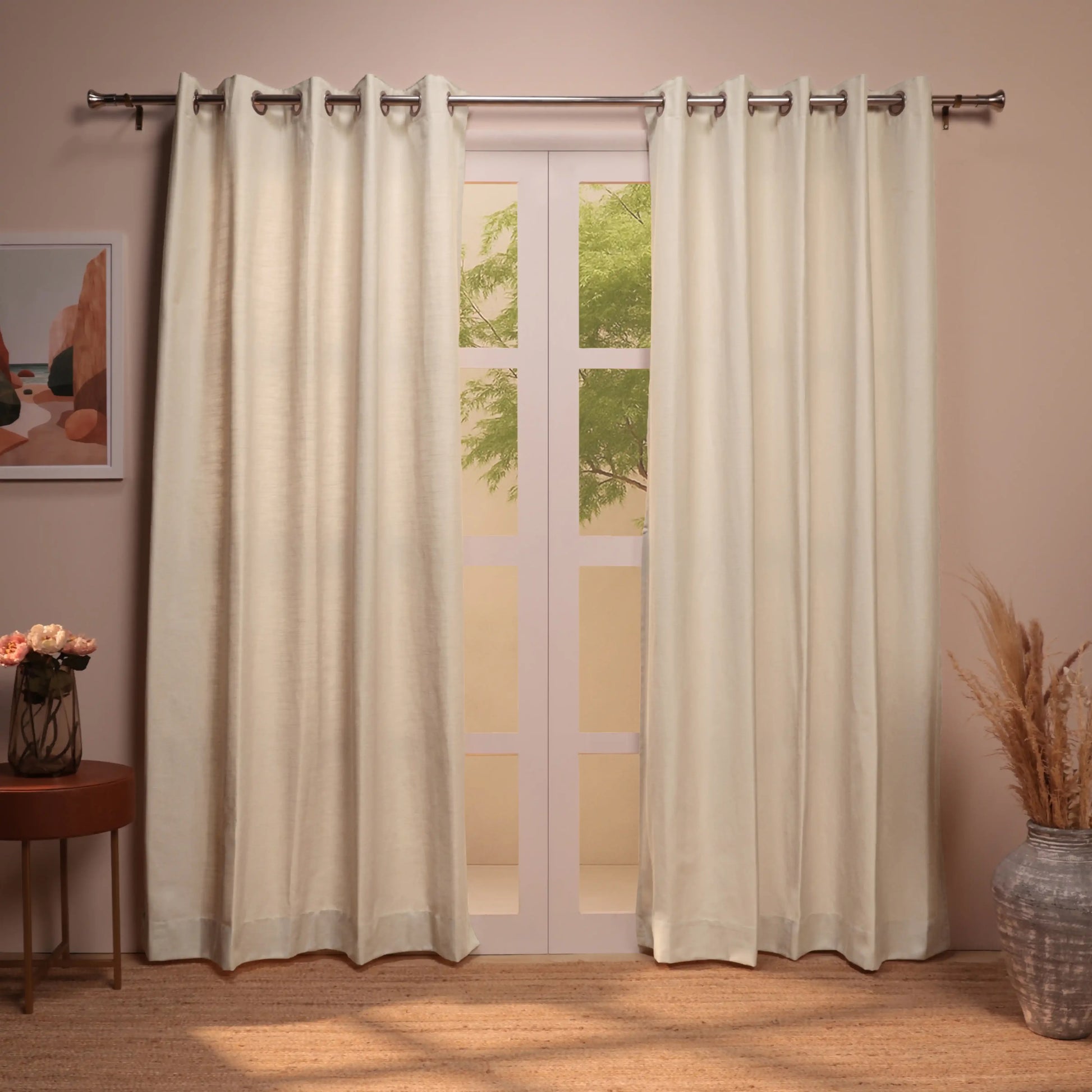 Paleto Set Of 2 Solid Readymade Curtains | Earthen Textures Linen Breeze / Door-XL (9ft X 4.4ft)