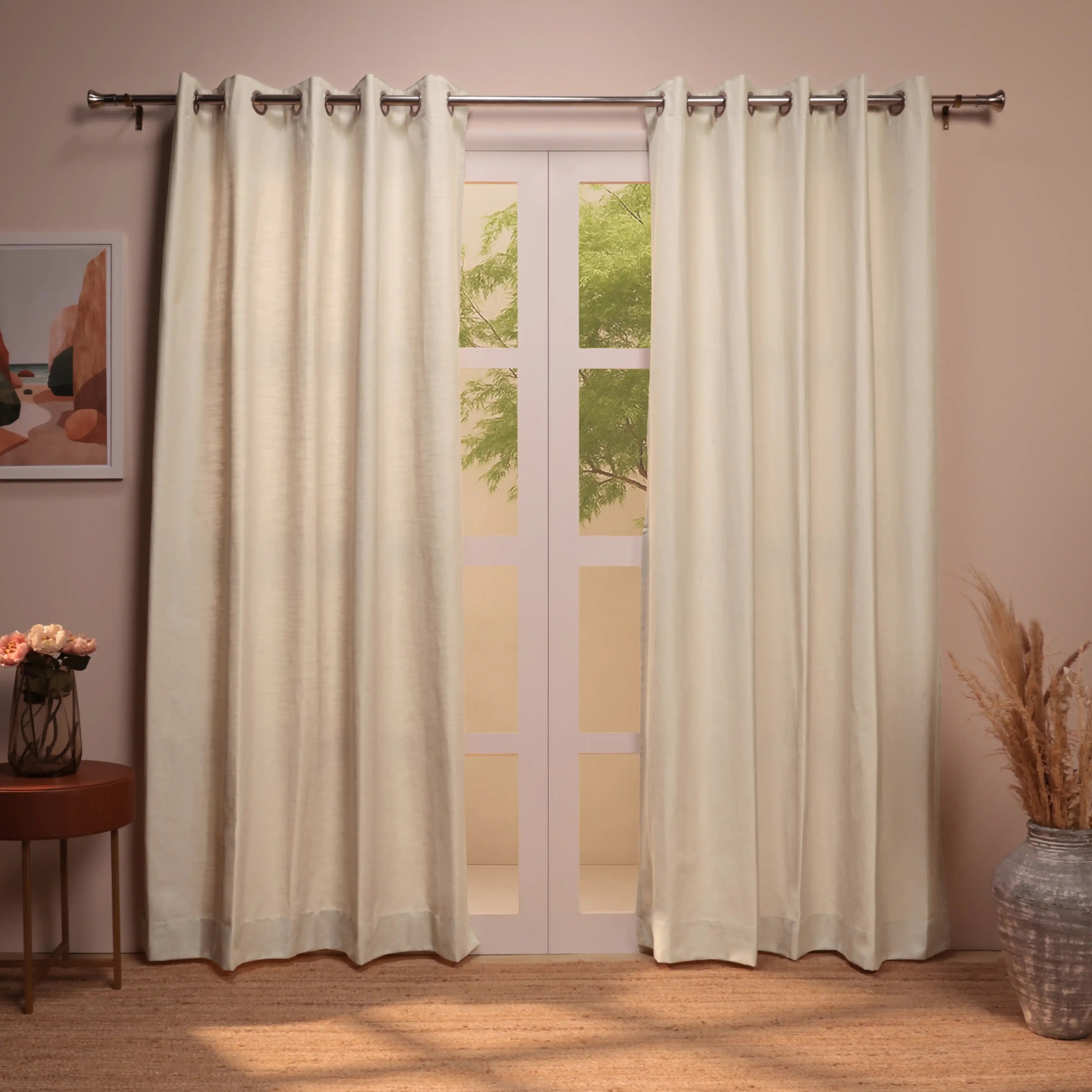Paleto Set Of 2 Solid Readymade Curtains | Earthen Textures Linen Breeze / Door-XL (9ft X 4.4ft)